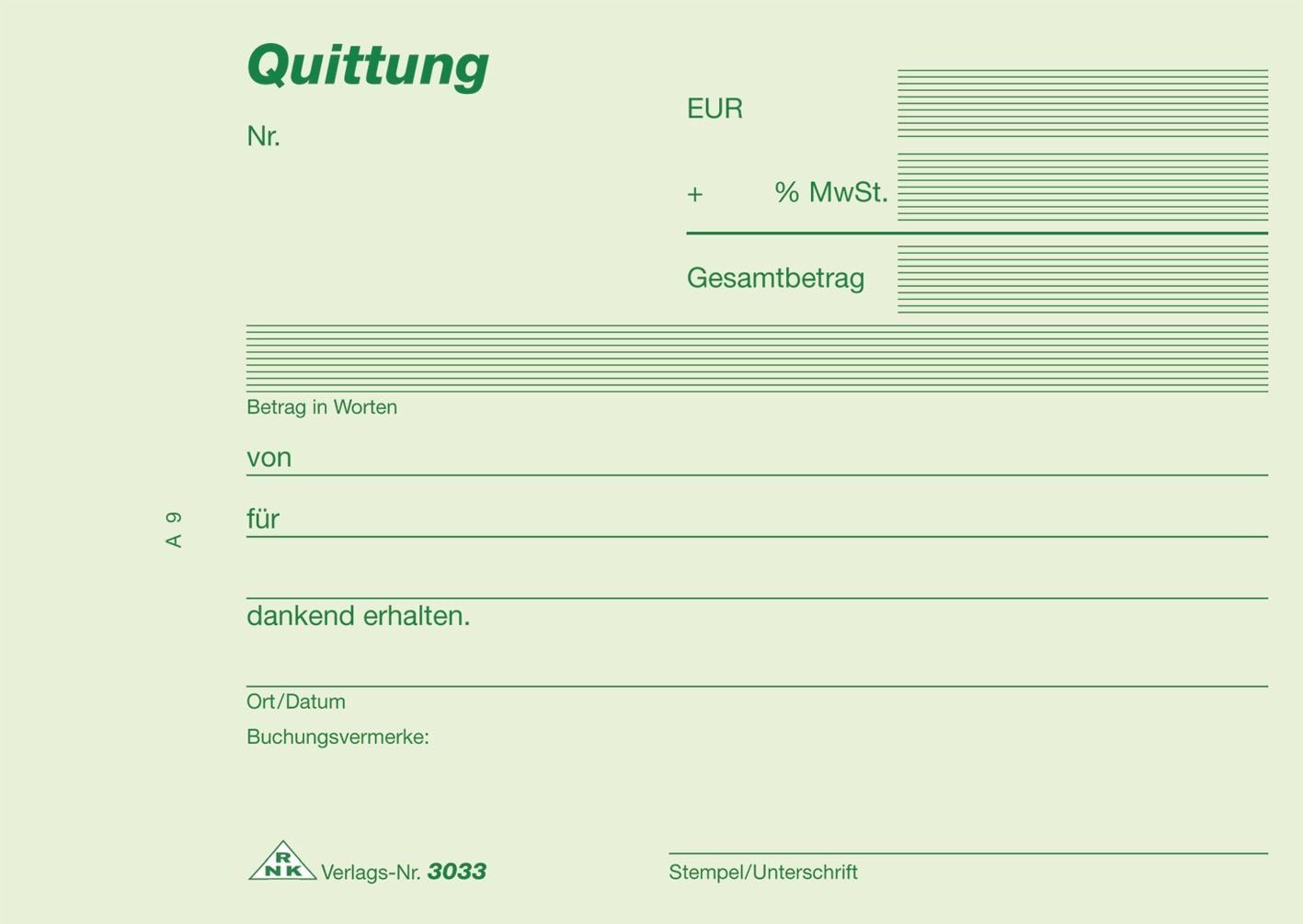 RNK Verlag Formularblock Quittung MwSt. - A6 quer, MP, SD, 2 x 40 Blatt