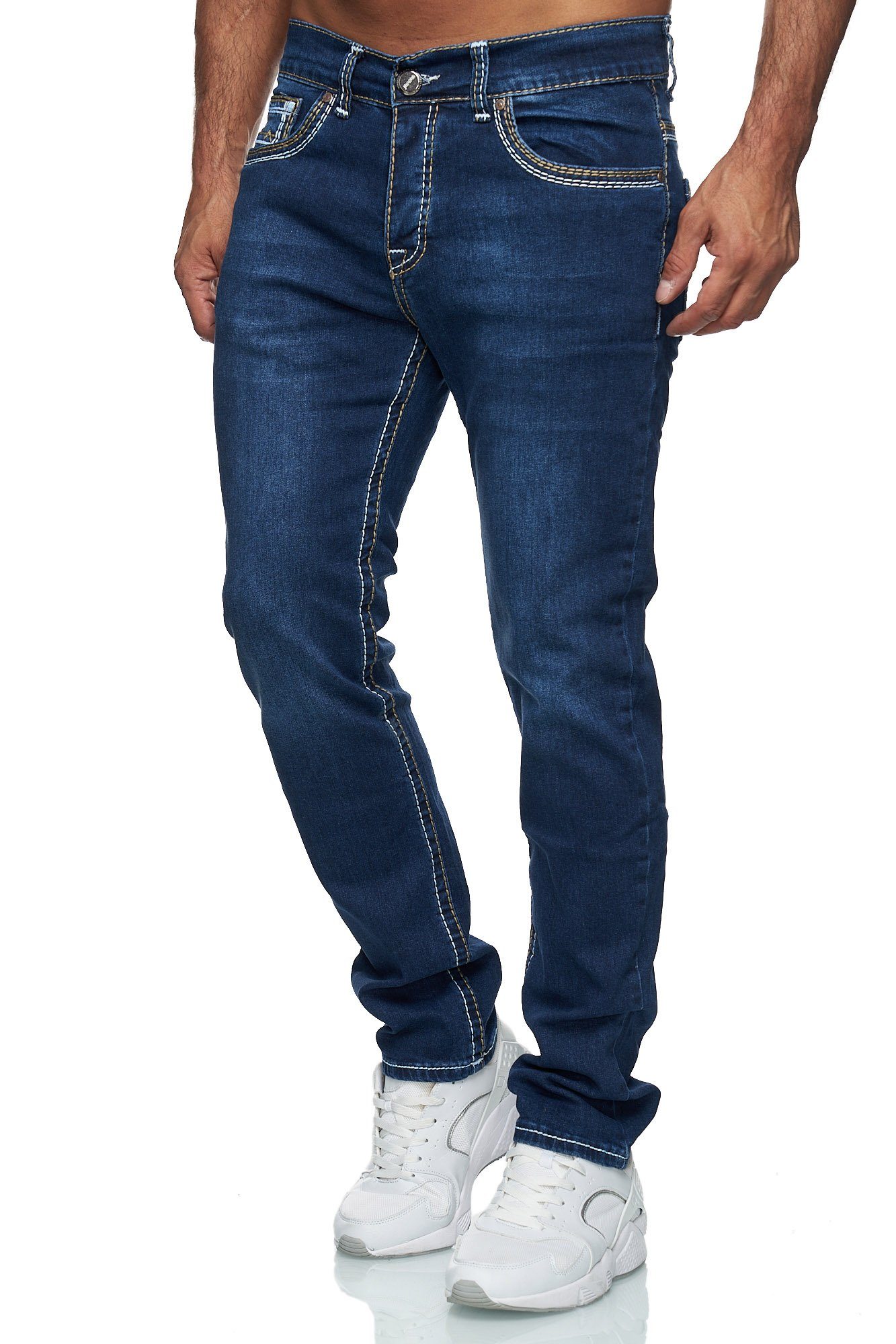 Denim Straight Regular-fit-Jeans Stonewashed Stretch Neon-Naht Herren Dicke Jeans Baxboy Fit 9574 DunkelBlau