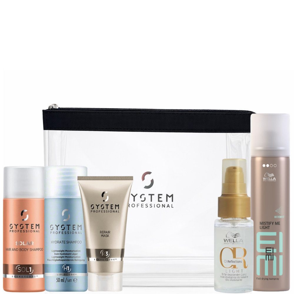 System Professional Haarpflege-Set Haircare Travel Bundle, 5-tlg., Shampoo, Maske, Haaröl, Haarspray & Kosmetiktasche