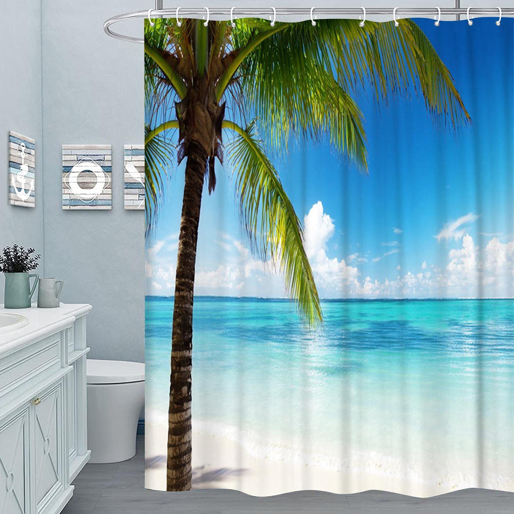 M&W DAS DESIGN Duschvorhang 180x200 Shower curtains Anti schimmel Waschbar Palm vor der Küste