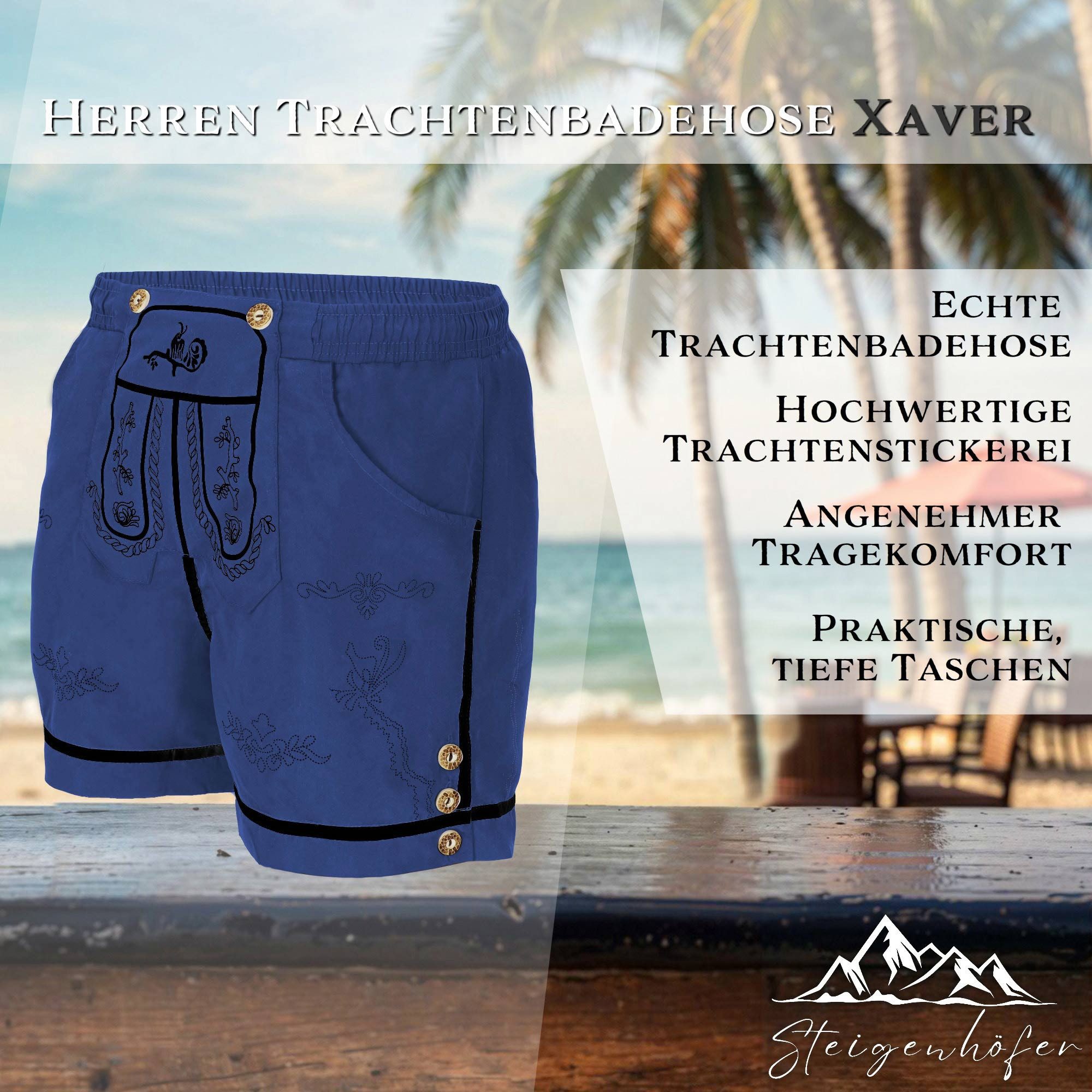 Steigenhöfer Manufaktur Trachtenhose Badehose Herren - Xaver - Lederhosen Look - Trachten Badehose Bequem mit Netzinnenhose - Umklappbarer Latz - Badeshorts mit Taschen