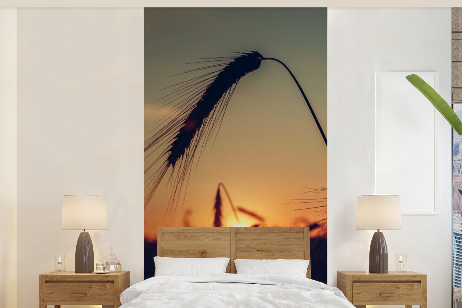 MuchoWow Fototapete Gras - Herbst - Sonnenuntergang - Jahreszeiten - Landschaft, Matt, bedruckt, (2 St), Vliestapete für Wohnzimmer Schlafzimmer Küche, Fototapete