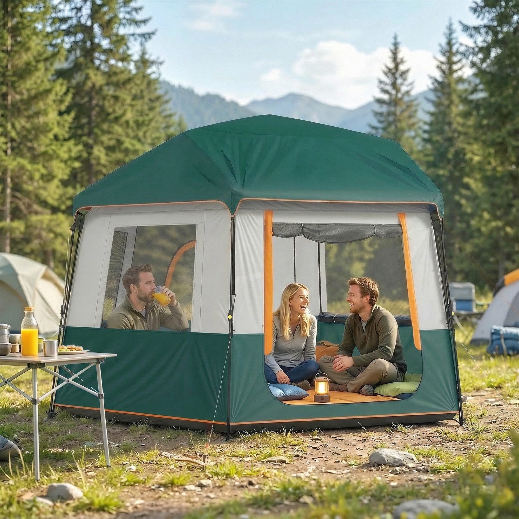 Outsunny Kuppelzelt stabil wasserdicht mit Tragetasche 3000mm Wassersäule Tunnelzelt, Personen: 6 (Campingzelt, 1 tlg., Familienzelt), mit UV30+ Schutz Grün