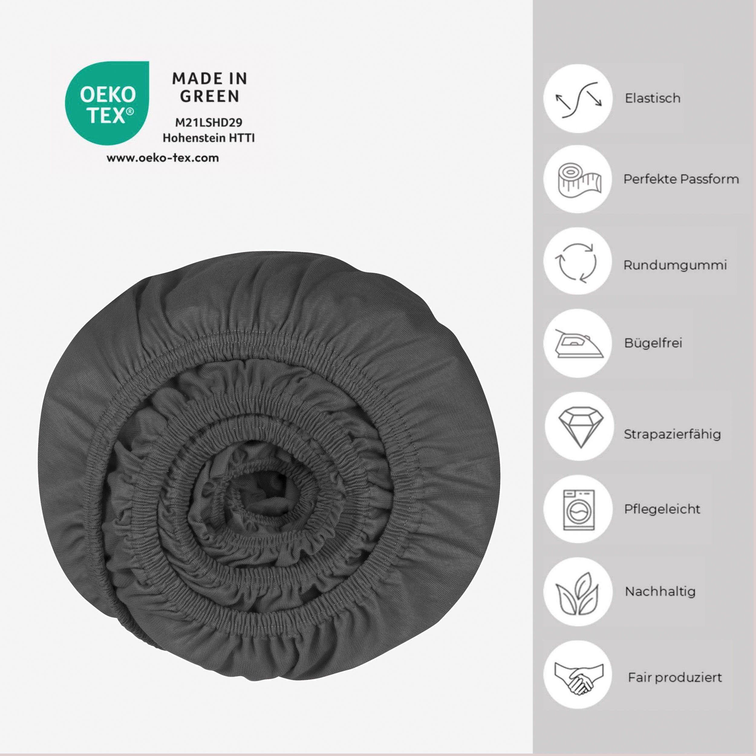 Spannbettlaken Elli aus 97% Baumwolle Schiesser, Elasthan, (1 Jersey-Elasthan, rundum, 3% Gummizug: dunkelgrau für geeignet, Boxpringbetten und Matratzen Stück), hohe Green Made in und