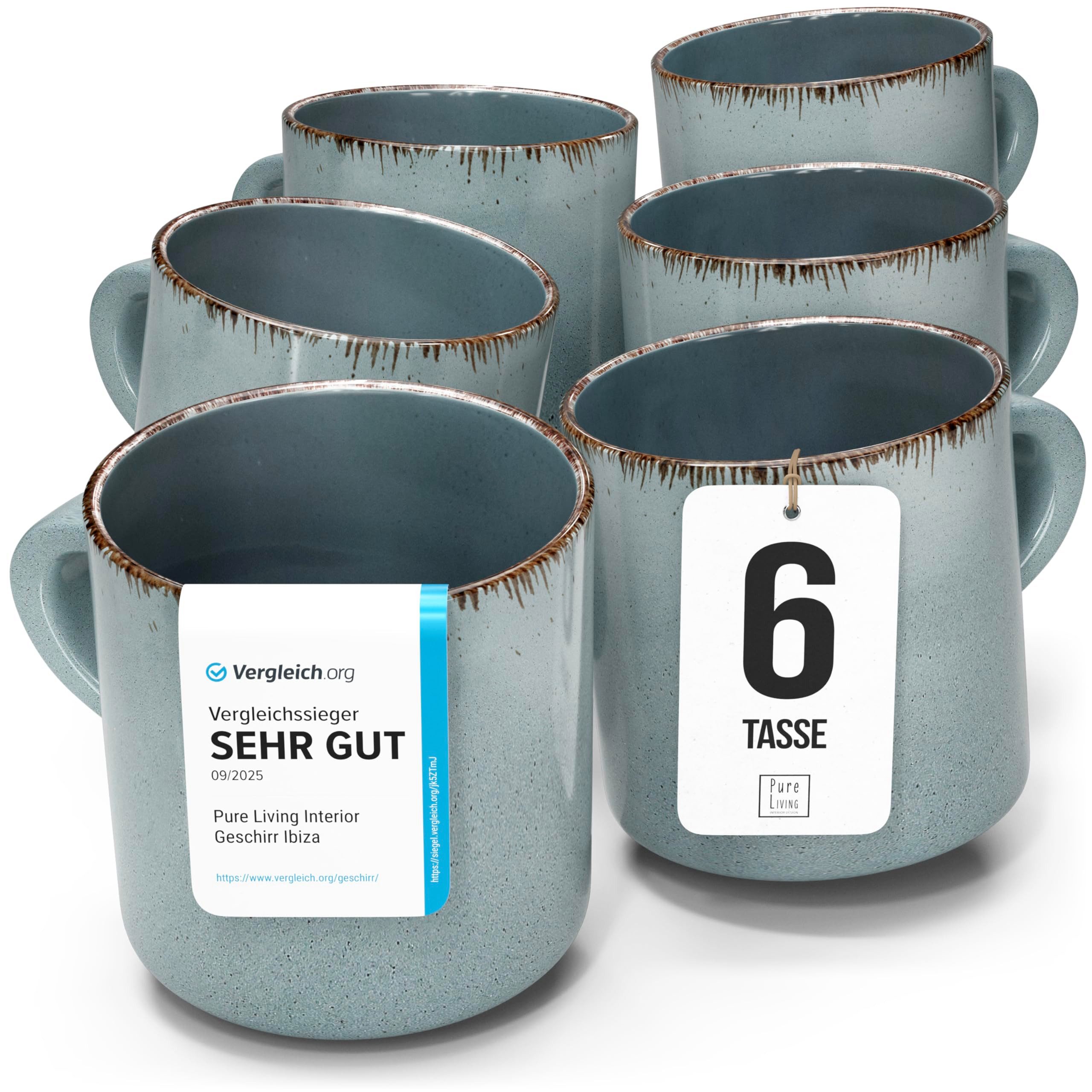 PURE LIVING INTERIOR DESIGN Geschirr-Set Tassen 6er 350ml »Rustic«, Steingut, Rauchblau (6-tlg), 6 Personen, Steingut