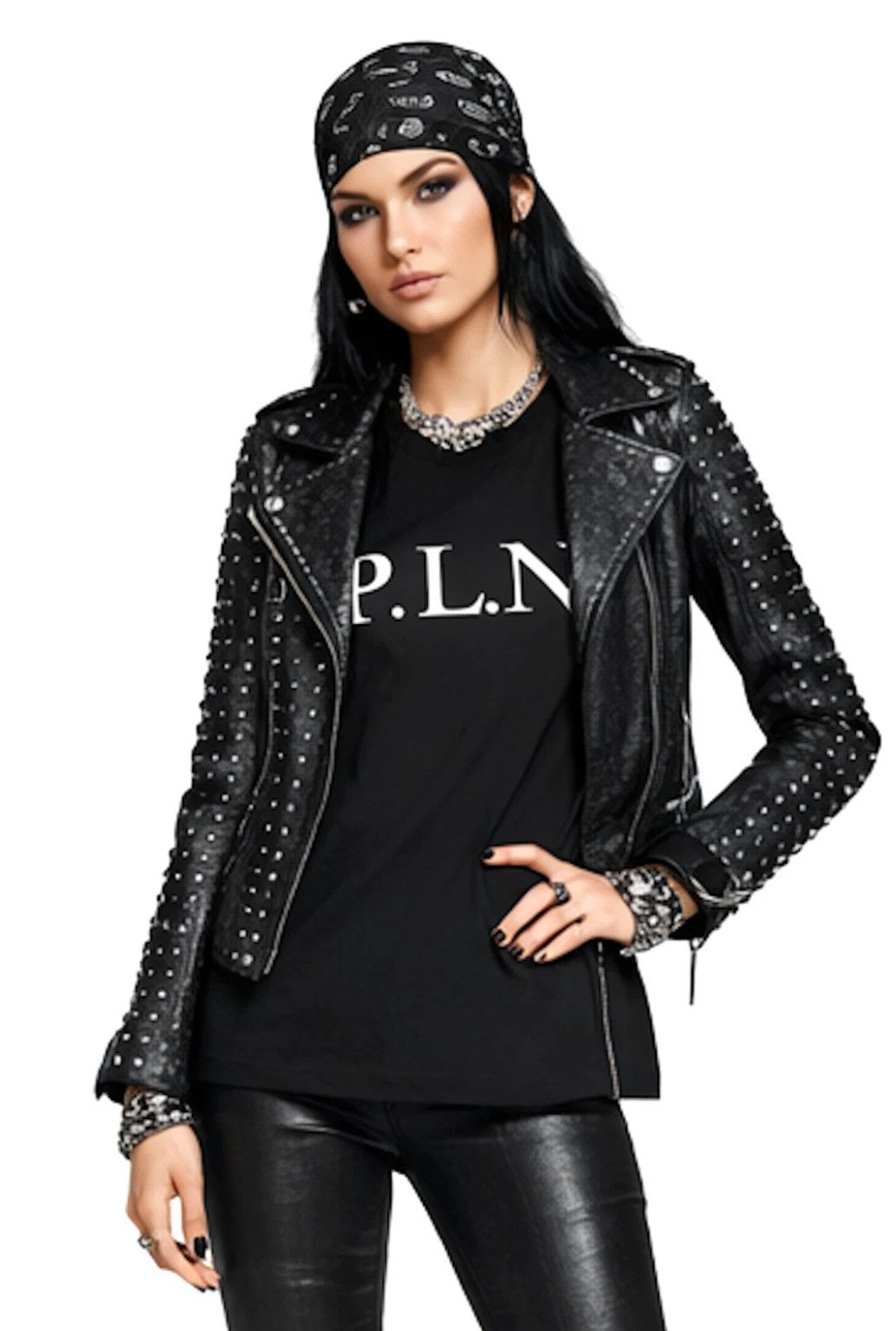 PHILIPP PLEIN T-Shirt P.L.N. Longline Mid Lang Mini Kleid Shirt Iconic Luxus Hexagonales Leder-Patch im Nackenbereich