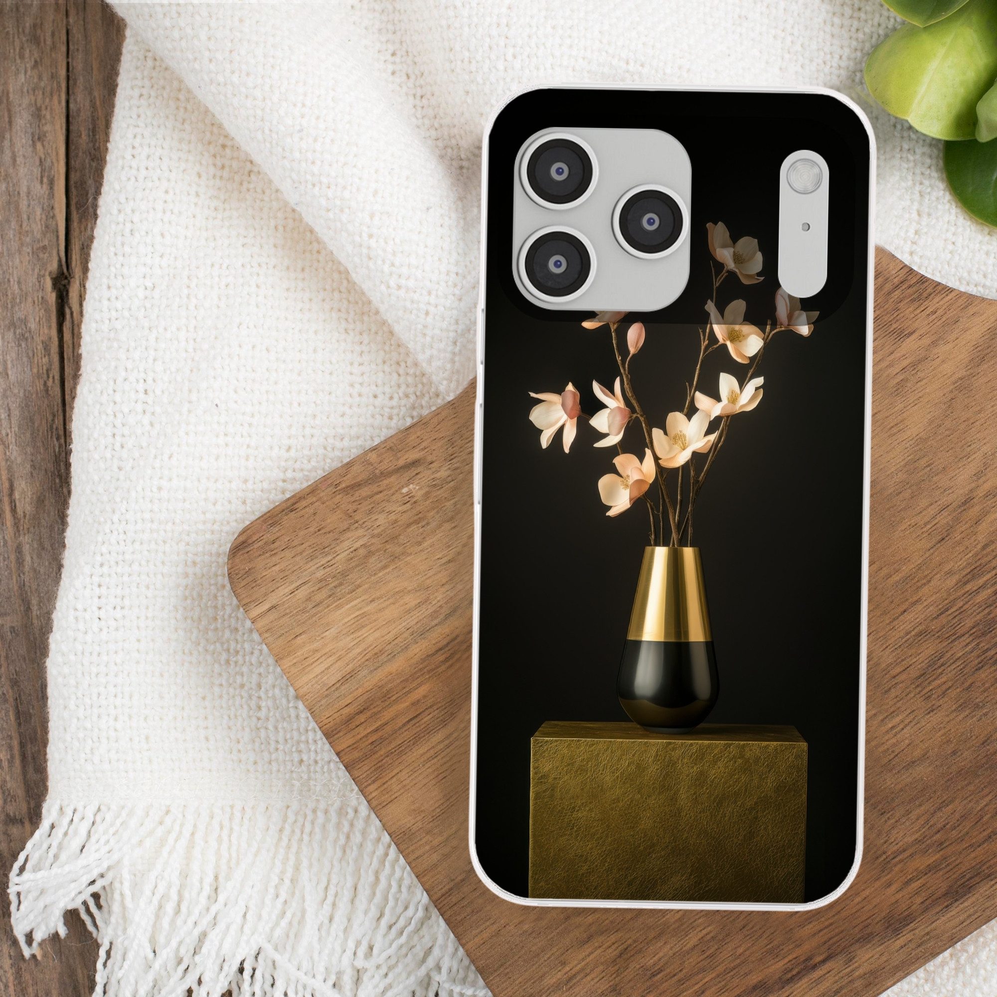 MuchoWow Handyhülle für Apple iPhone 17 Pro Max Verschnörkelt - Blumenstrauß - Gold - Vase, Smartphone-Bumper, Print, Handy Schutzhülle Dünn