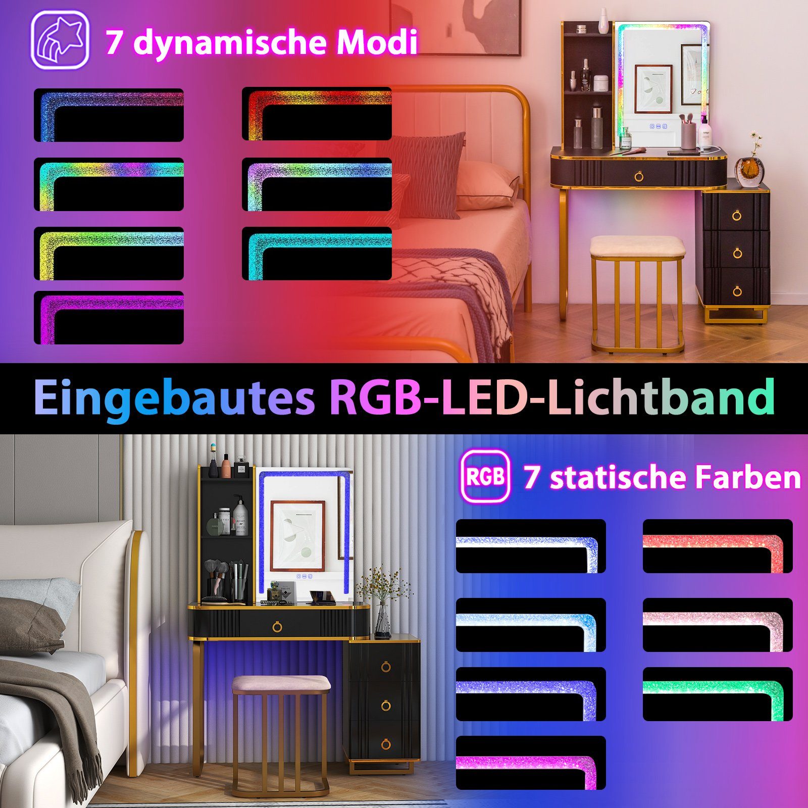 COSTWAY Schminktisch, mit 14 dimmbaren LED-Leuchten, USB-Anschluss, Hocker