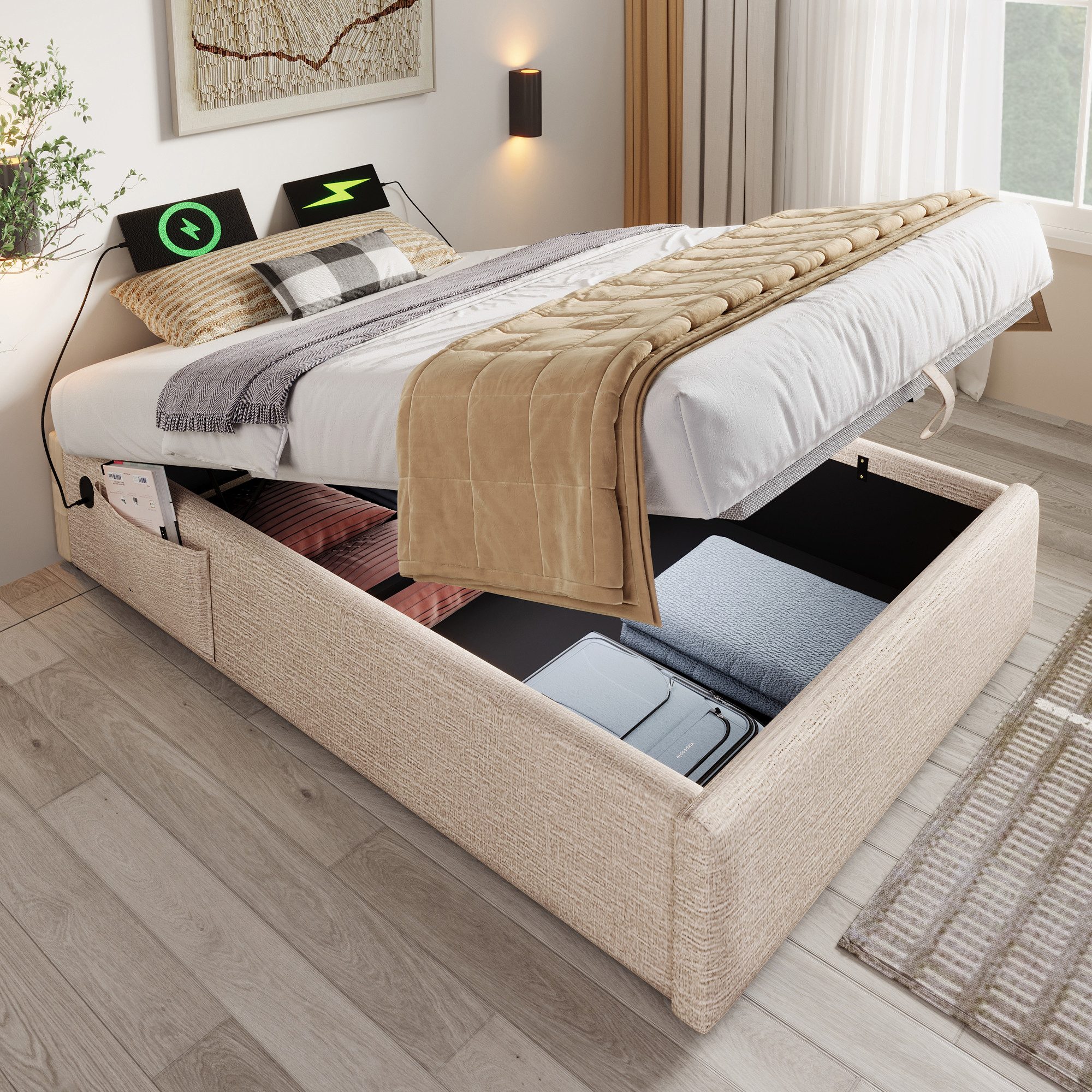 MODFU Polsterbett Stauraumbett ohne Kopfteil (Funktionsbett mit hydraulischem Stauraum, 1-tlg., 90x190 cm, ohne Matratze), mit USB/Type-C-Ladeanschluss