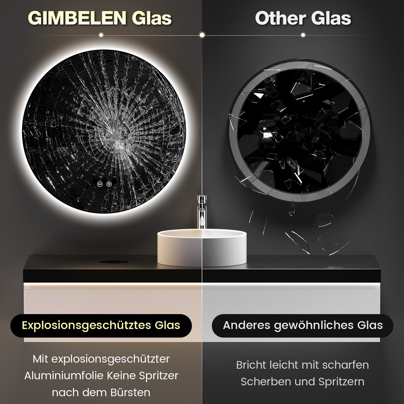 GIMBELEN Badspiegel LED-Badezimmer-Spiegel, 50 cm Rund LED Spiegel, 3 Farben, dimmbar, Touch, sparsam, Memory. – Bild 4 von 5