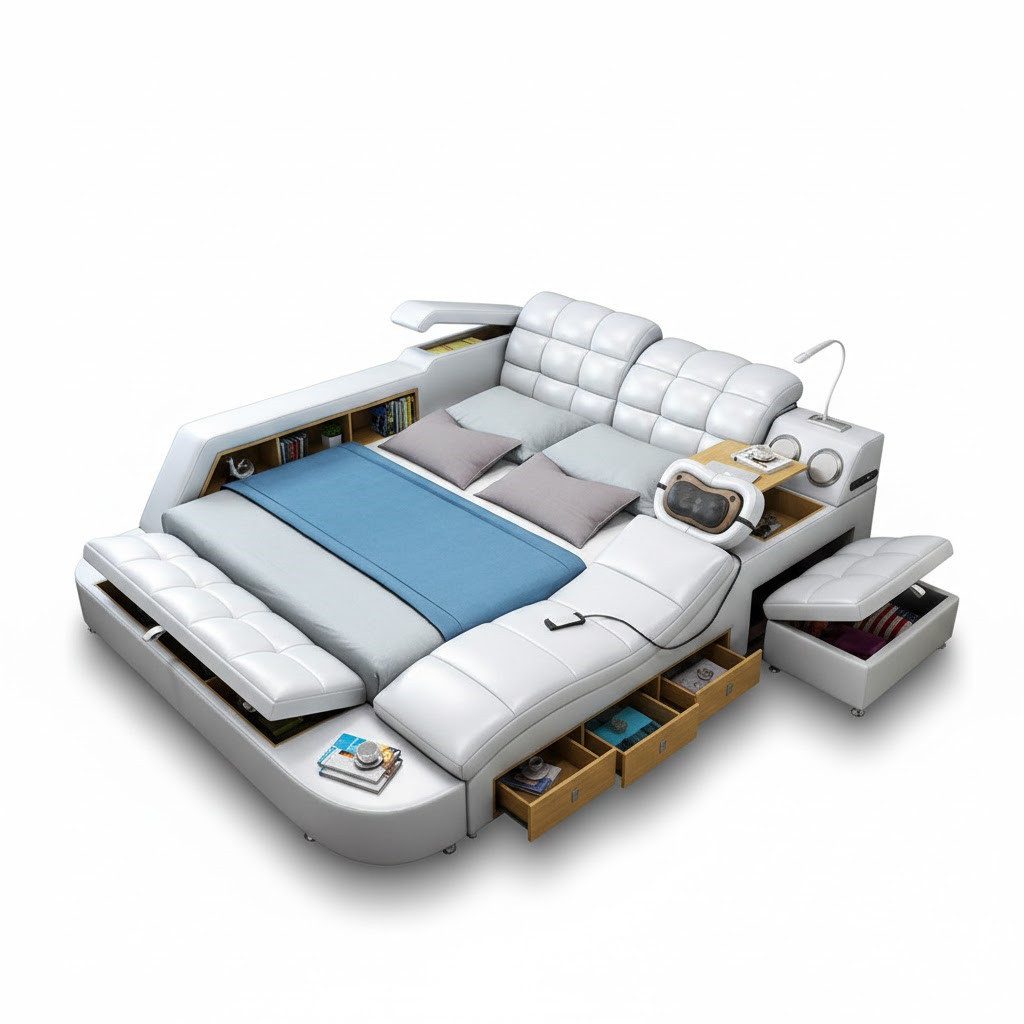 Xlmoebel Multimediabett Bett Doppel Regale Leder Polster Betten Multifunktion Sofort (1-tlg., Bett), Hergestellt in Europa