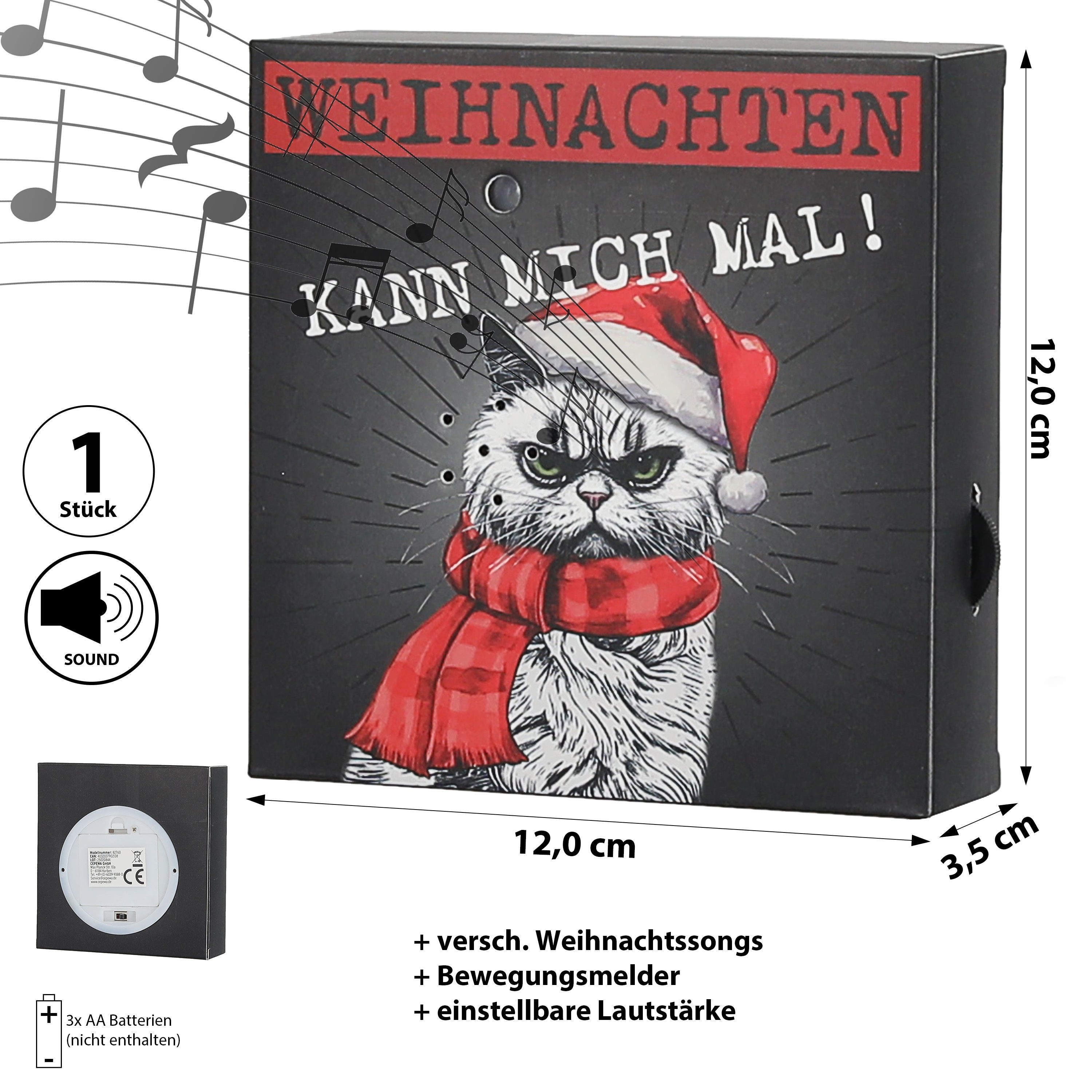 CEPEWA Bewegungsmelder Soundbox 'XMAS CAT' Bewegungsmelder 12x12x3,5cm Papier Katze