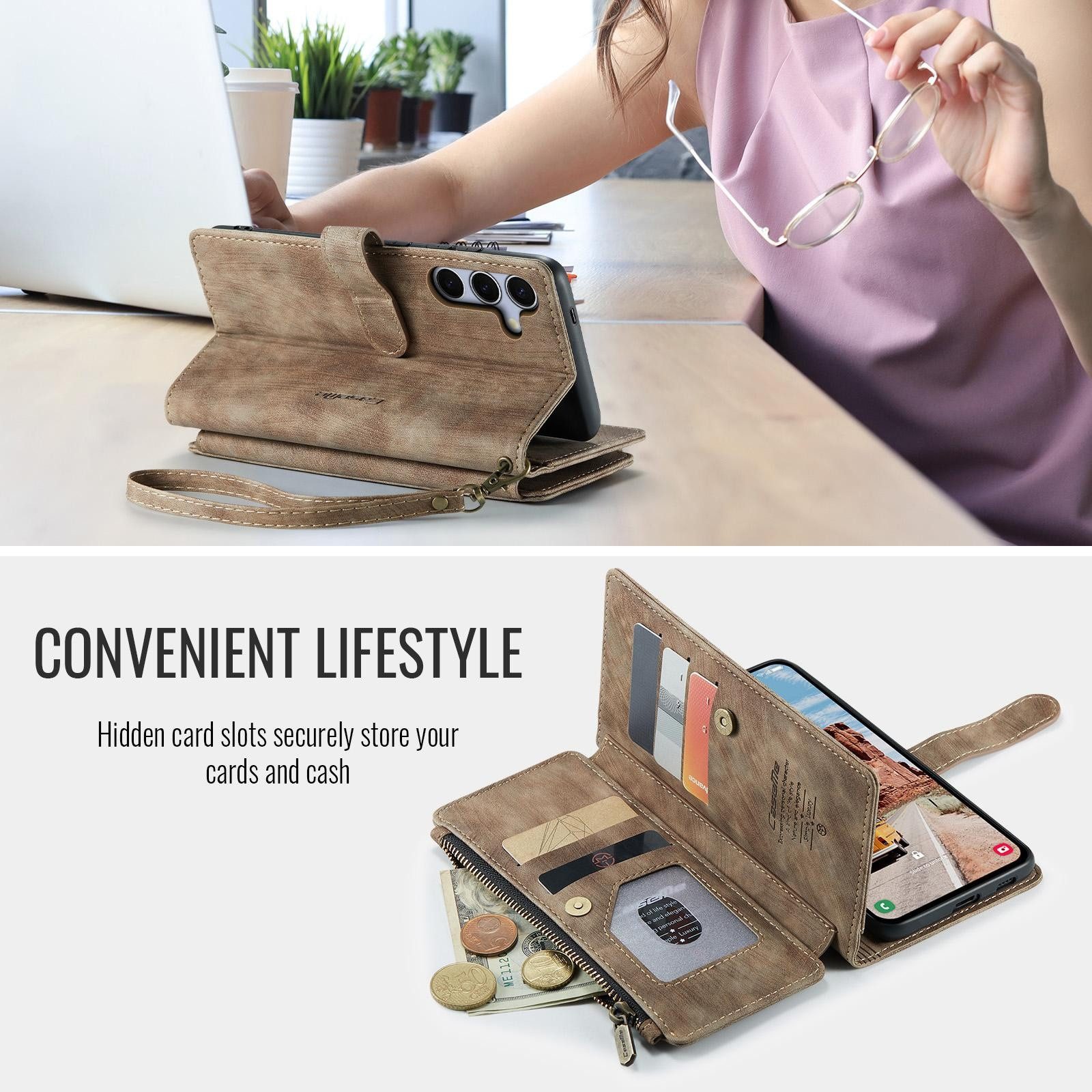 CaseMe Handyhülle Für Samsung Galaxy S25 Plus Kunstleder Multifunktion Tasche Hülle Case, Kunst-Leder Schutz Tasche Smart Case Multifunktion