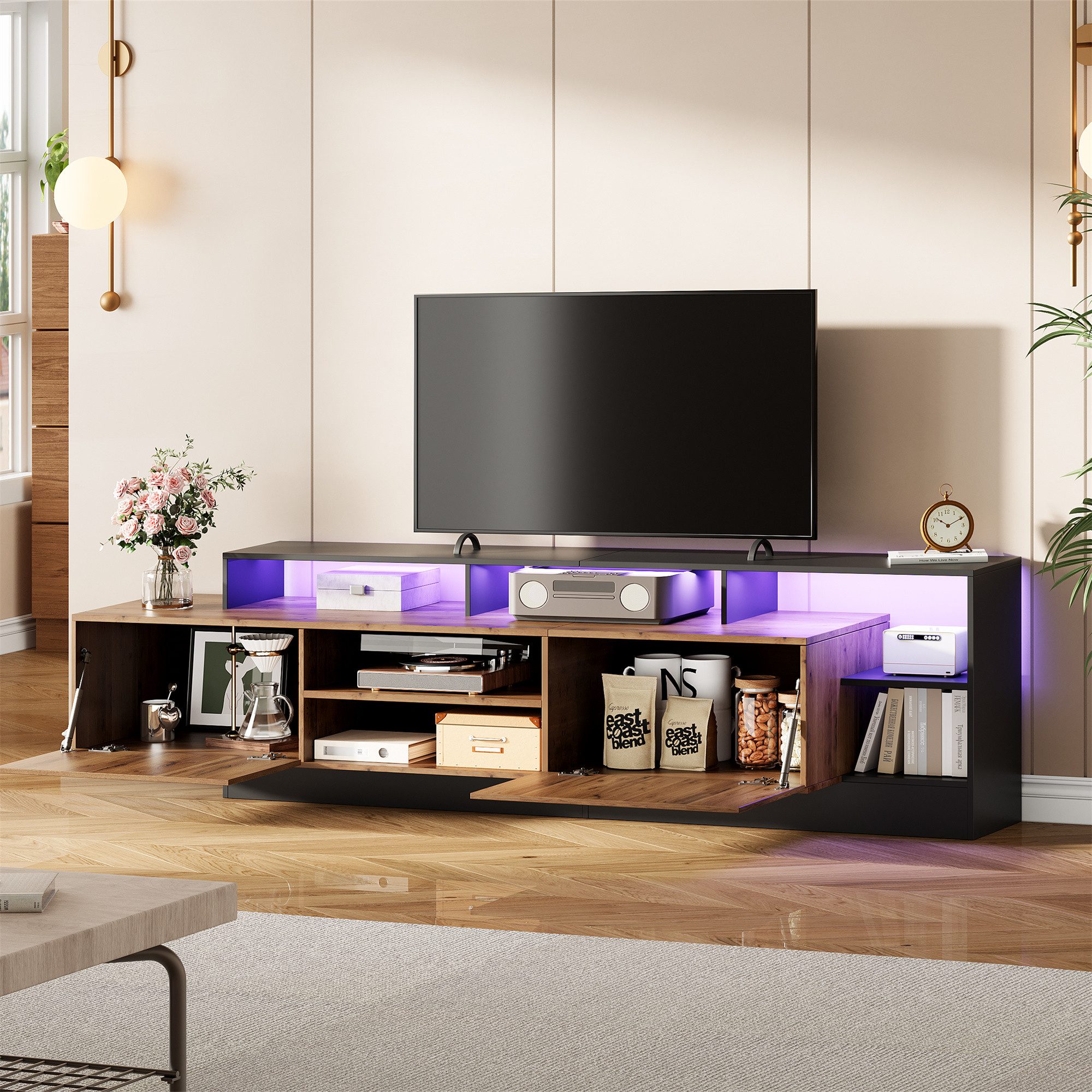Merax Lowboard hochglanz Fernsehschrank mit LED-Beleuchtung (1 St), TV-Schrank mit 2 Klapptüren, Staufächern & Stauraum, 190×40×48,5cm