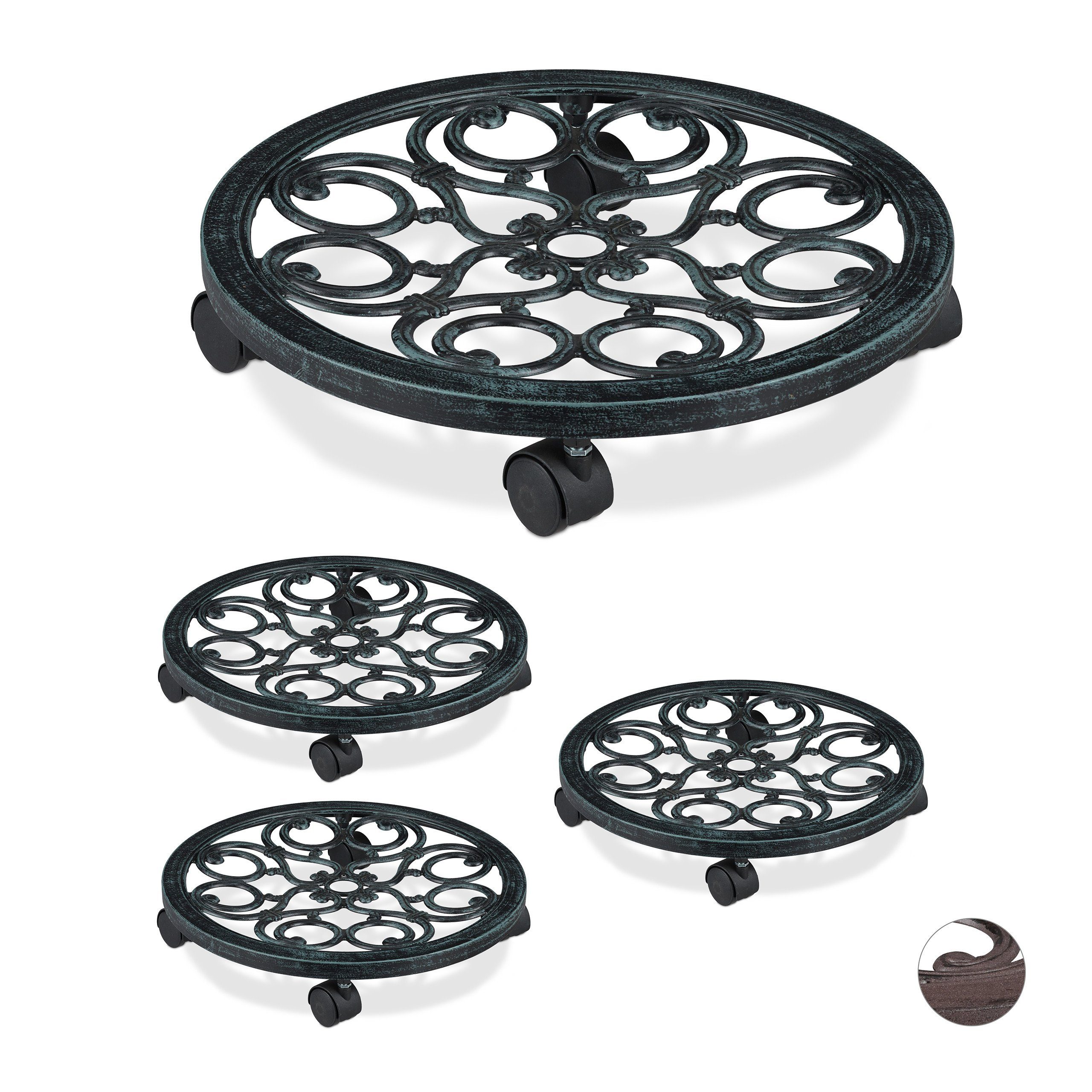 Blumentopfuntersetzer 4 x Pflanzenroller rund antik grün