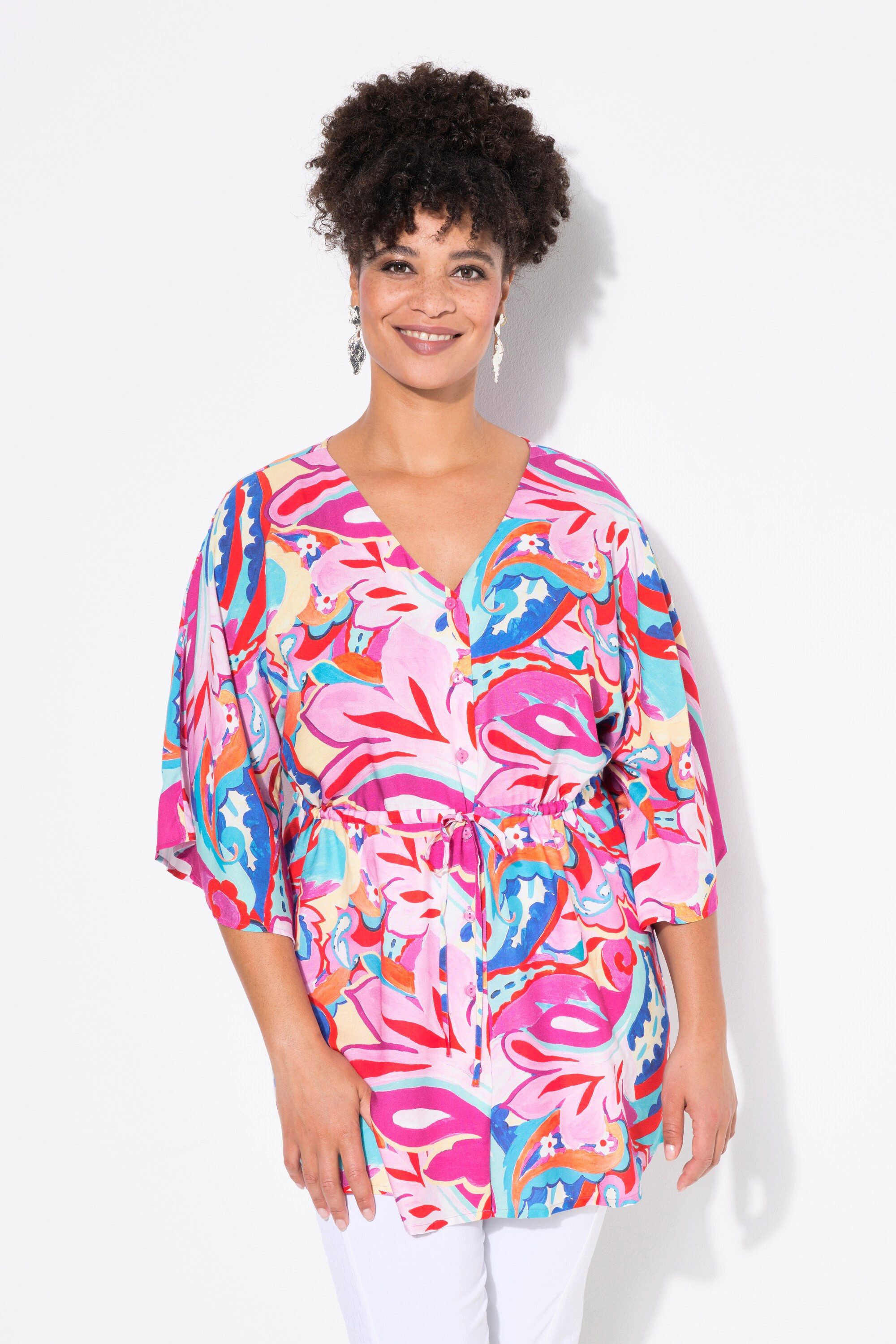 MIAMODA Longbluse Kimonobluse A-Linie Alloverdruck Taillen-Tunnelzug