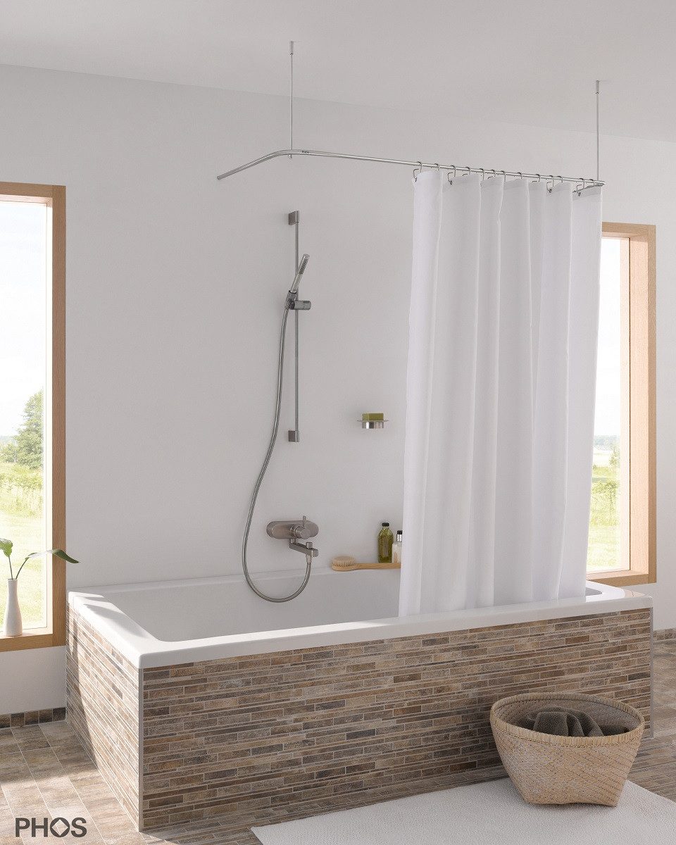 PHOS Design Duschvorhangstange für Badewannen in U-Form zur Wand-/ Deckenmontage, verschraubt, verschraubt, verklebt, - 100% Made in Germany