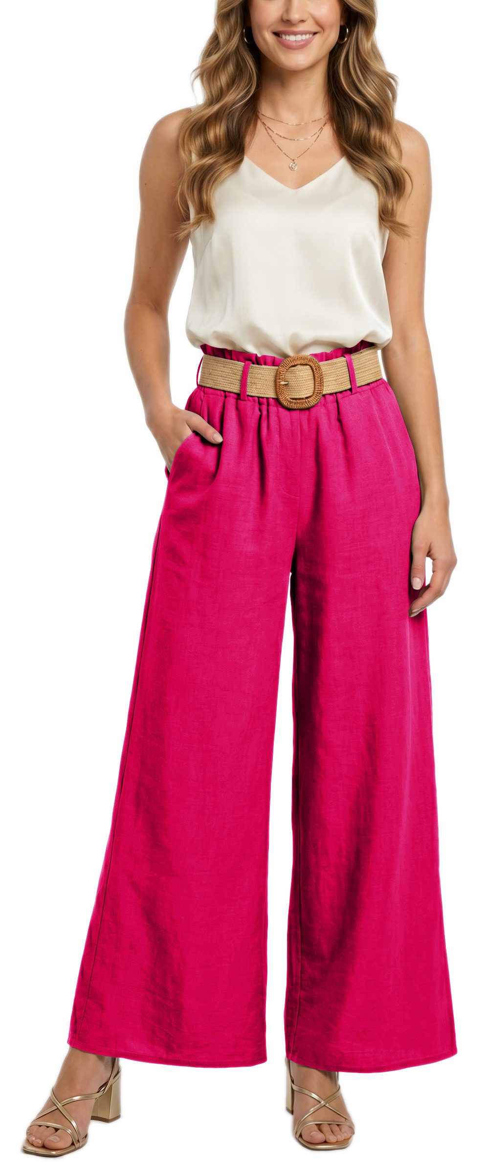 dy_mode Palazzohose Damen High Waist Palazzohose Weitbein Hose Schlupfhose Sommer Strand in Unifarbe, High Waist, mit elastischem Bund – Bild 4 von 5
