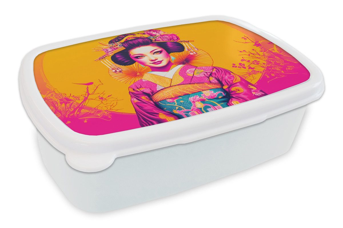 MuchoWow Lunchbox Blumen - Frau - Kimono - Rosa, Kunststoff, (2-tlg), Brotdose Schule oder Arbeit, Brotbox für Kinder und Erwachsene