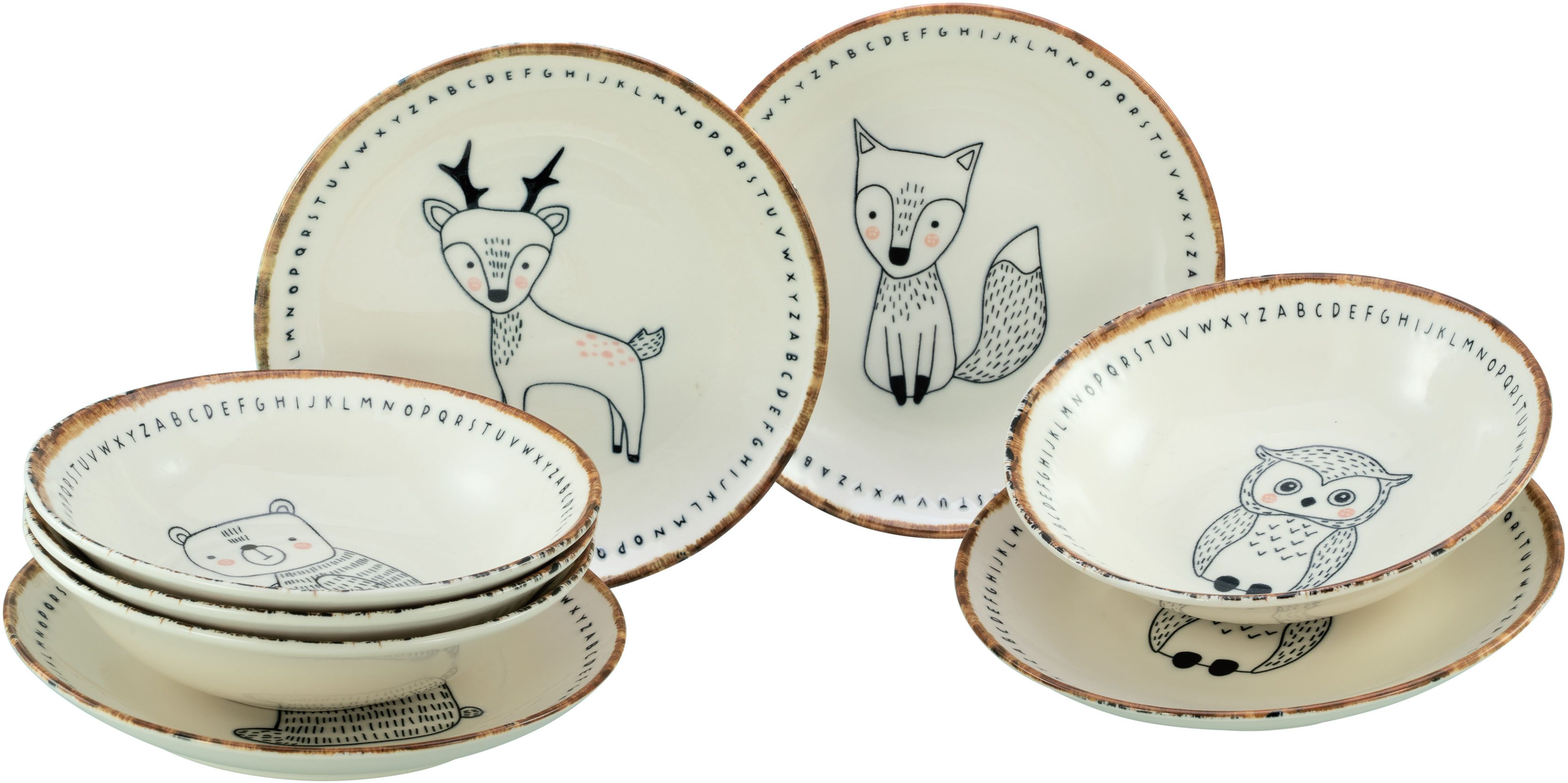 CreaTable Teller-Set Freunde des Waldes Bunt, Teller Set 8-tlg. (8-tlg), 4 Personen, Steinzeug, Tiermotive, skandinavischer Stil, unregelmäßiger brauner Rand