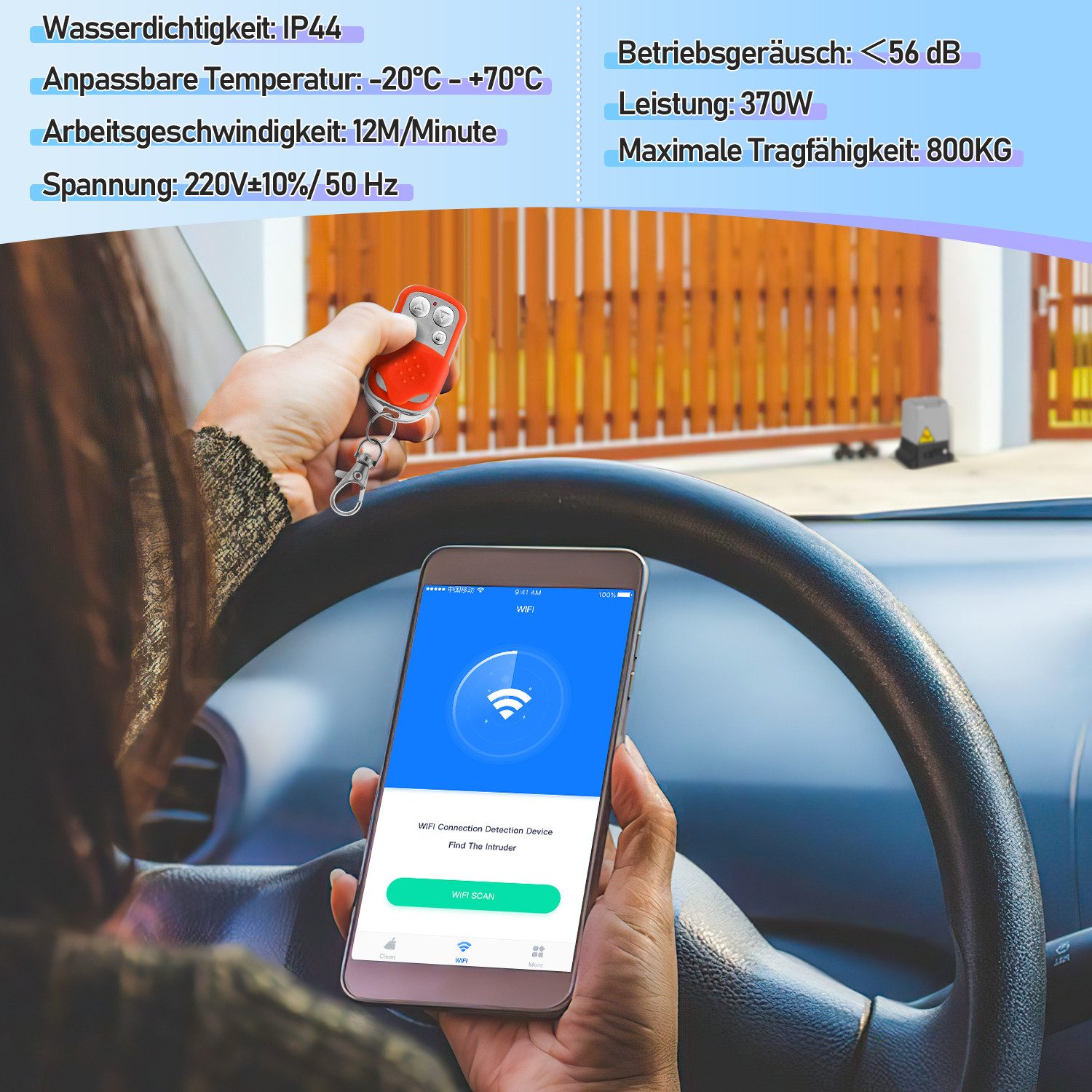 Clanmacy Schiebetorantrieb 370W Torantrieb Toröffner Motor 800kg Schiebetor APP Komplett-Set, mit Gleitschiene, (IP44 wasserdicht, mit 2 orangen Schlüssel und 1 Fernbedienung), Betriebene Türen Eisenwaren