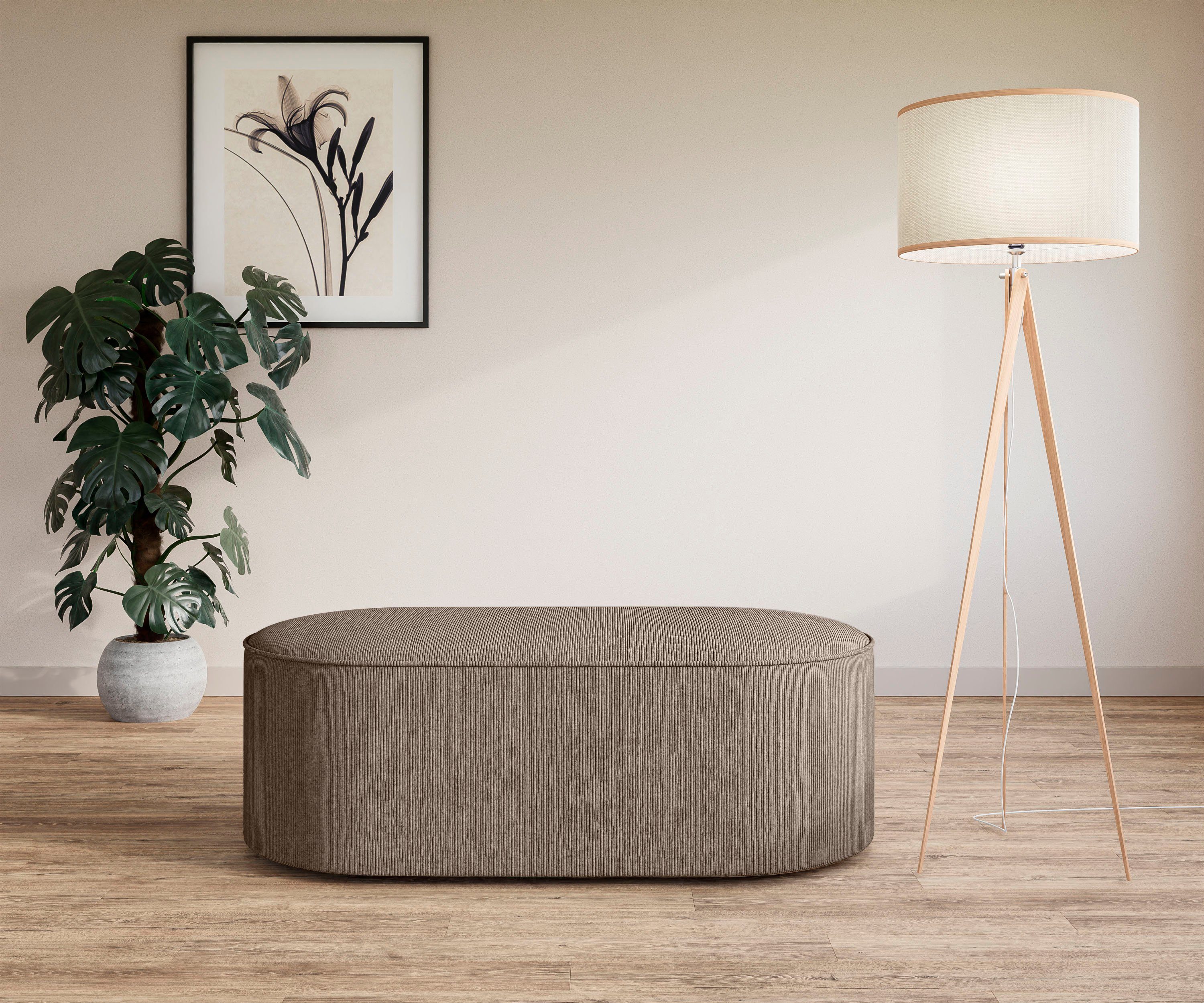 OTTO home Polsterhocker EIVIND Sitzhocker, Maße: B/T/H: 142/70/48 cm, auch in Bouclé und Feincord, mit Wellenunterfederung