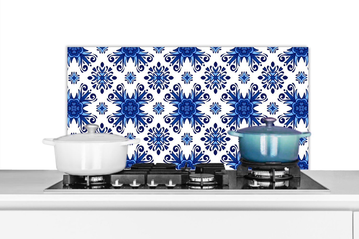 MuchoWow Küchenrückwand Fliese - Blume - Blau - Muster, (1-tlg), Küchenrückwand Aluminium Platte, 80x40 cm