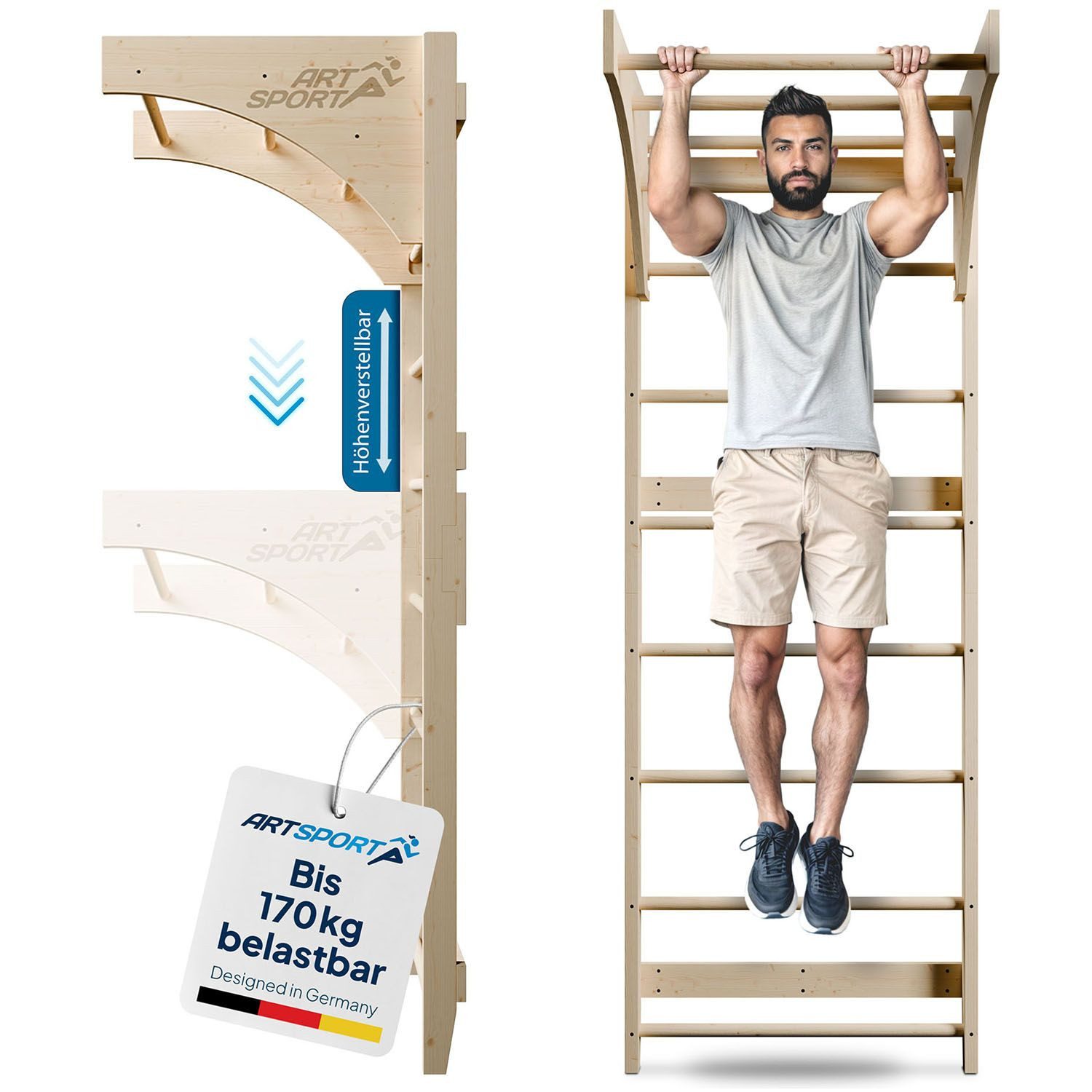 ArtSport Sprossenwand Holz Sprossenwand, für Erwachsene, Indoor Sportgerät aus Holz mit Klimmzugstange