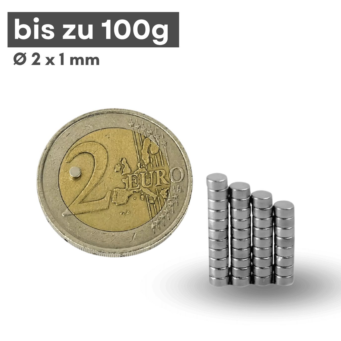 MaajeeKuto Magnet Neodym Magnet Ø2x1 mm N42 Scheibenmagnet 100g Mini Stark (100-St), Werkstoff: NdFeB, Farbe: Silberfarben