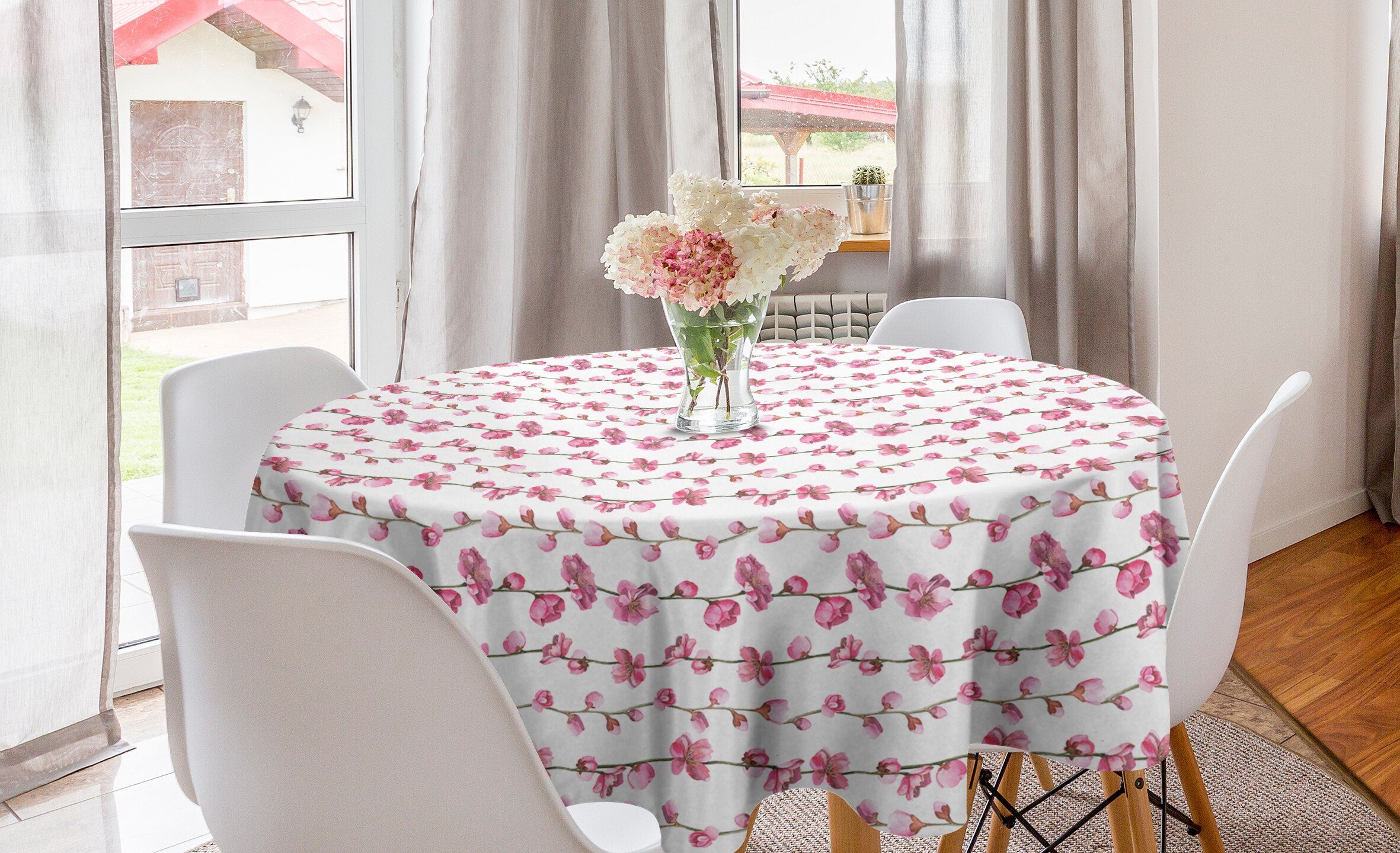 Abakuhaus Tischdecke Kreis Tischdecke Abdeckung für Esszimmer Küche Dekoration, Asian Blätter Blühende Blumen