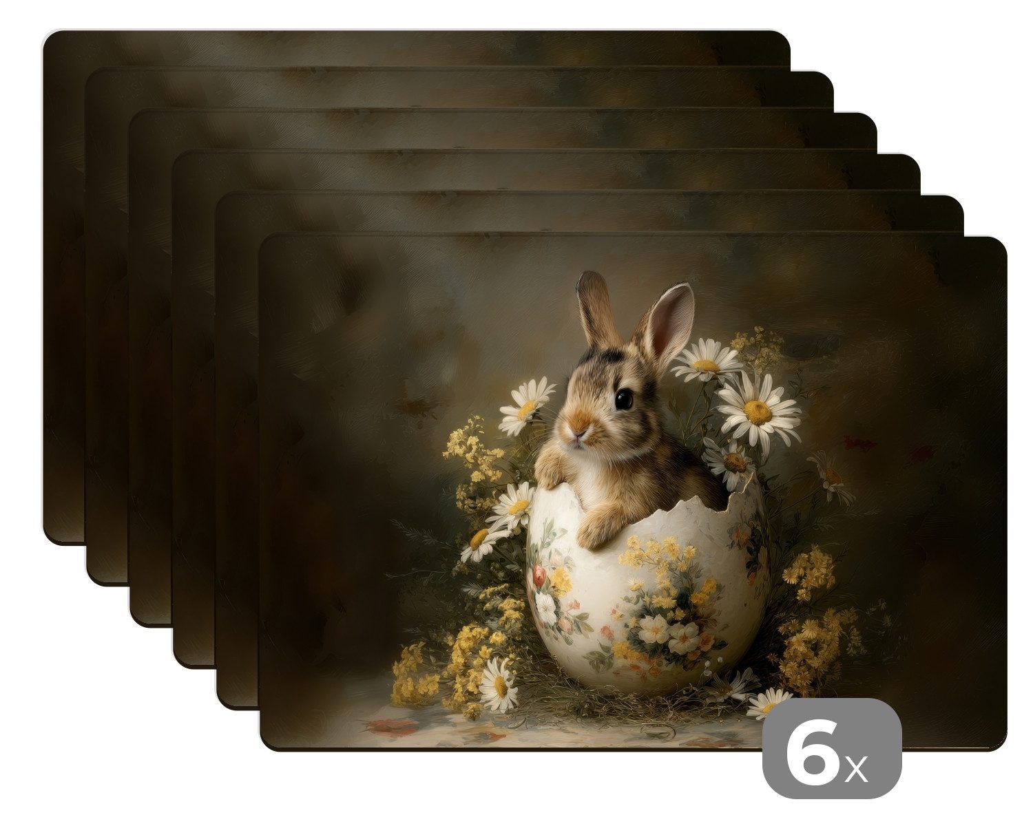 MuchoWow Platzset Ei - Hase - Blumen - Ostern, (6-St), Platzsets, Tischset, Abwaschbar, Tischsets, Platzdeckchen