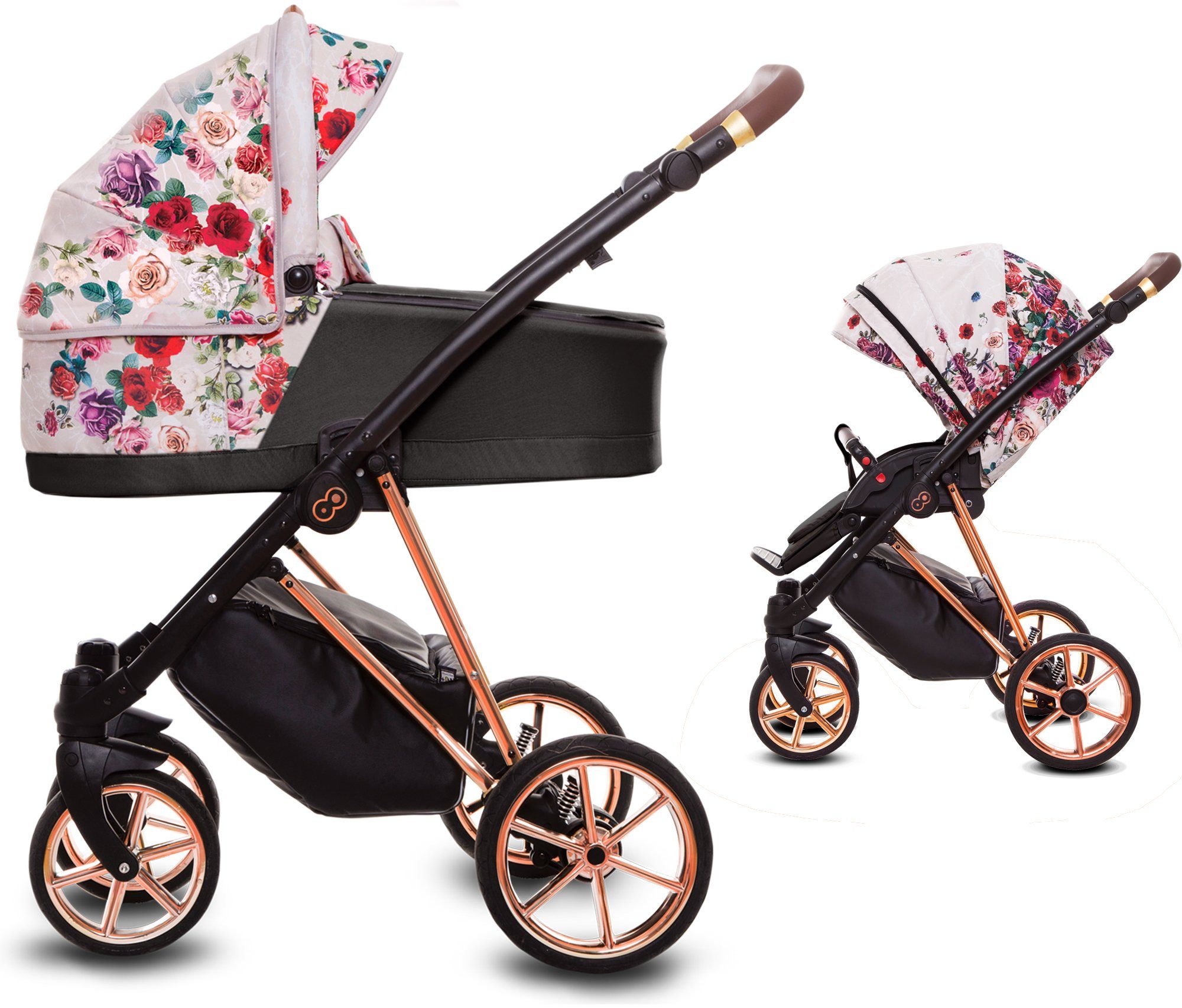 TPFLiving Kombi-Kinderwagen 2in1 Musse Light Dark Rose, Baby Buggy Babywanne Windeltasche, Regenschutz Kinderwagen 2 in 1 inkl. Zubehör, Gestell Rose Gold Gestell Roségold | Kombikinderwagen