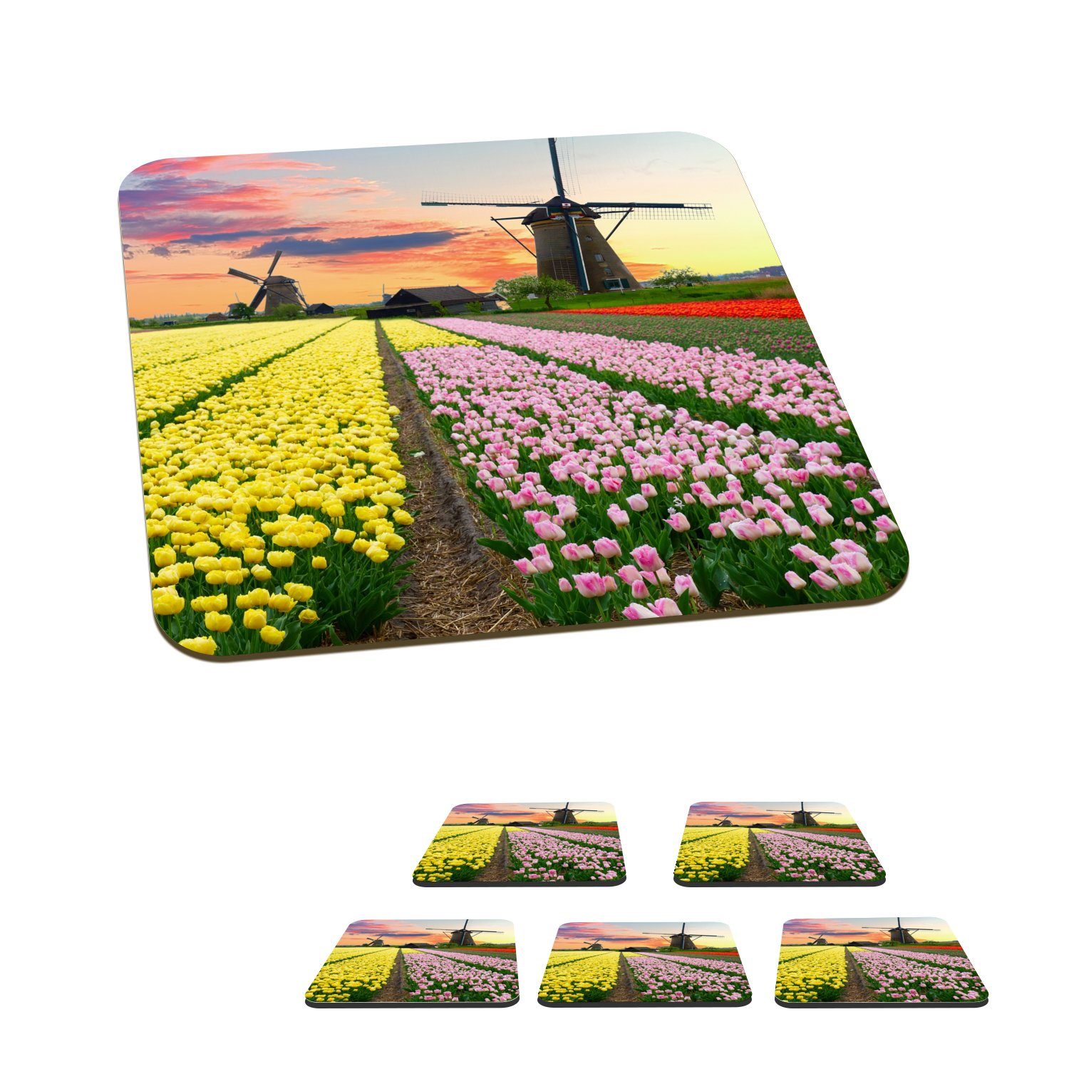 MuchoWow Glasuntersetzer Tulpen - Windmühle - Natur, Zubehör für Gläser, 6-tlg., Glasuntersetzer, Tischuntersetzer, Korkuntersetzer, Untersetzer, Tasse