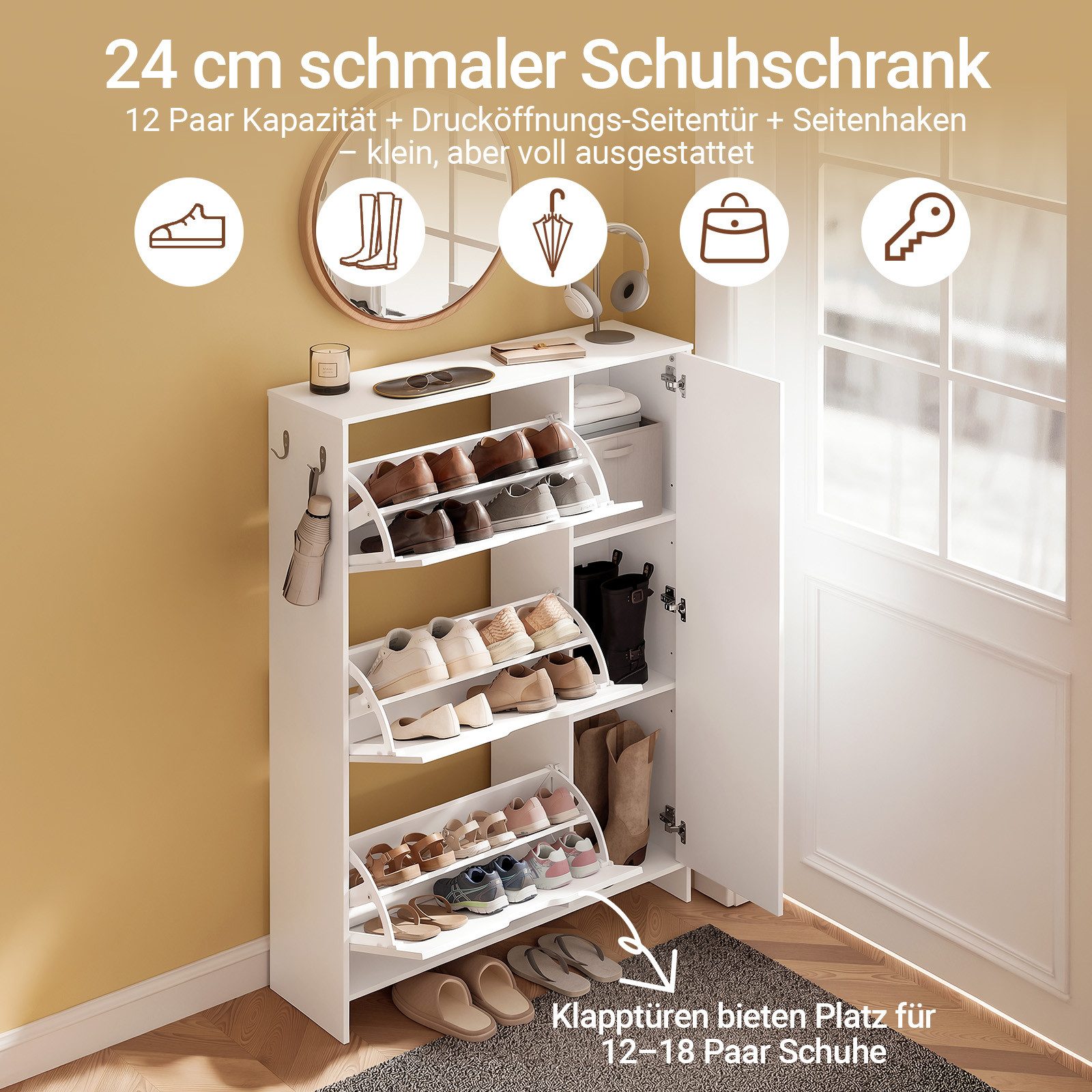SoBuy Schuhschrank FSR220, Schuhkipper Schmal 24cm, Klappschrank 12 Paar Schuhe Schuhschrank schmal mit 2 Haken, 3 Klappen und 1 Tür für Flur