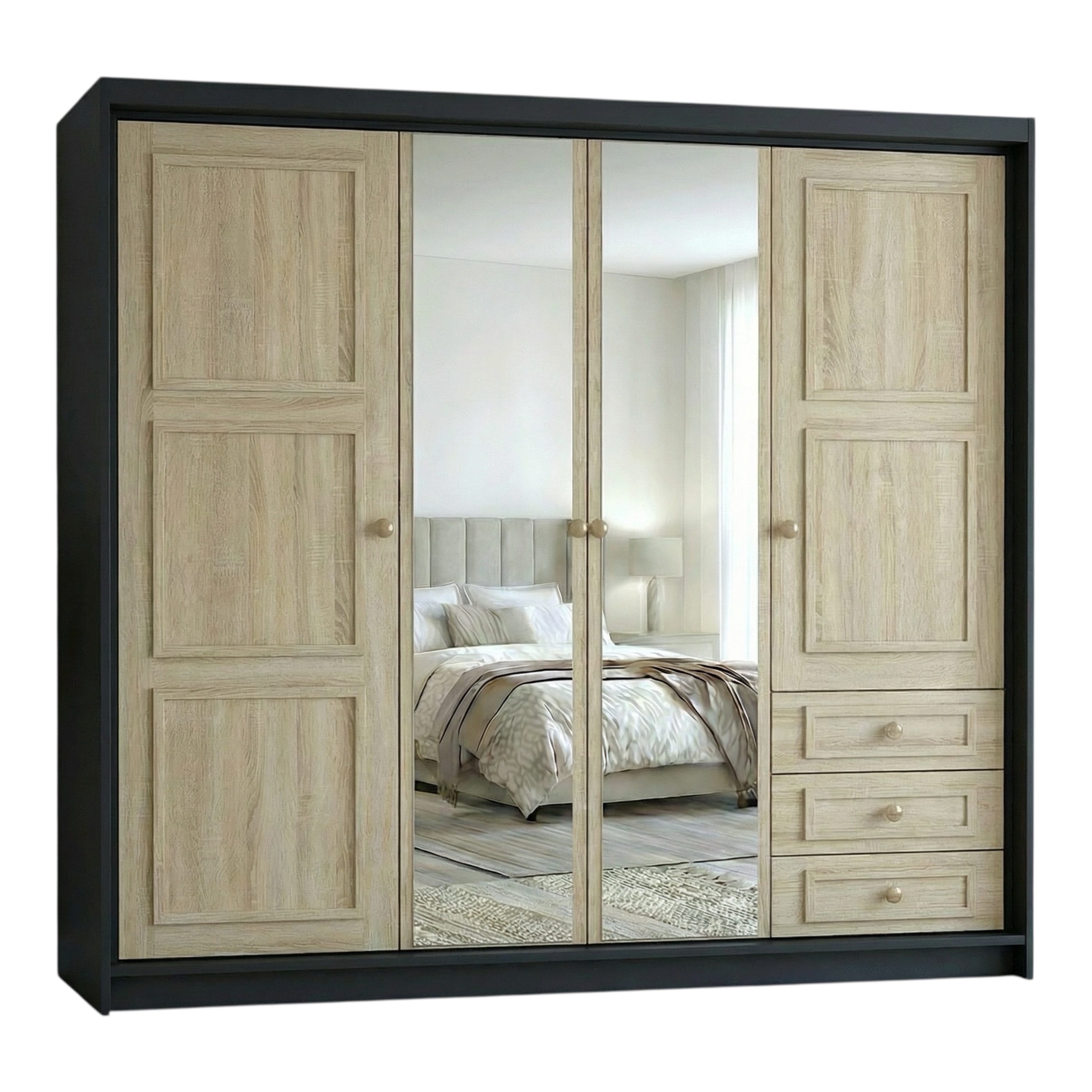 A&J MöbelLand GmbH Drehtürenschrank OSLO viertüriger Kleiderschrank mit Schubladen und Metallgriffen (Geräumiger viertüriger Kleiderschrank mit Schubladen und Metallgriffen. Geräumiger Schrank mit einer Breite von 200 cm und Schubladen, ideal zur Aufbewah