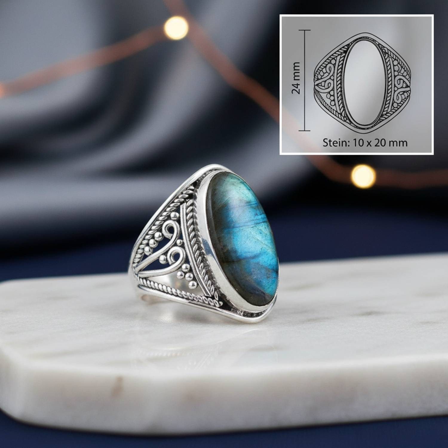 mantraroma Silberring DAHAB oval groß aus 925 Silber mit Labradorit (Ring mit Schmuckbeutel), Damenring aus 925er Silber