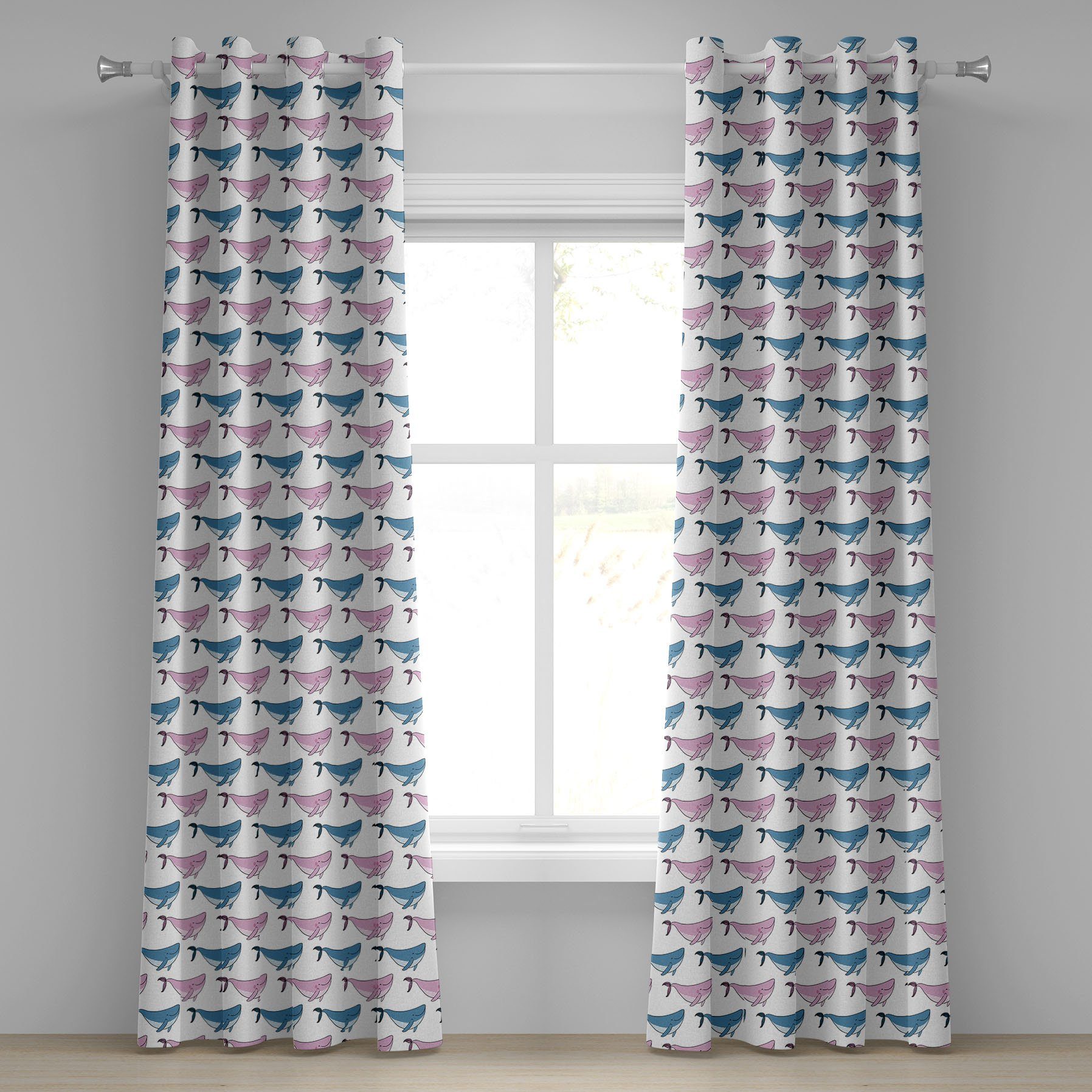 Gardine Dekorative 2-Panel-Fenstervorhänge für Schlafzimmer Wohnzimmer, Abakuhaus, Wal Schwimmen Happy Fish Sea