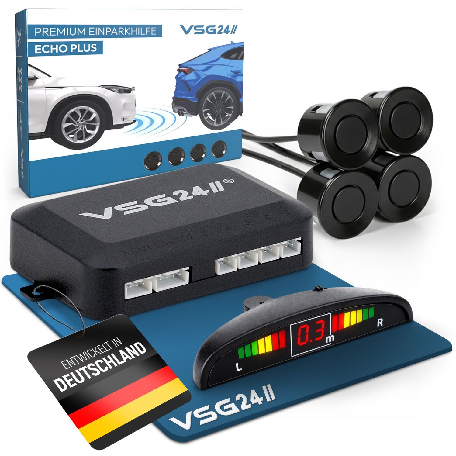 VSG24 Premium Einparkhilfe ECHO PLUS VORNE Display Parkhilfe zum nachrüsten Rückfahrkamera (Rückfahrwarner mit Display & 4 Sensoren Stecksystem Nachrüstsatz PDC)
