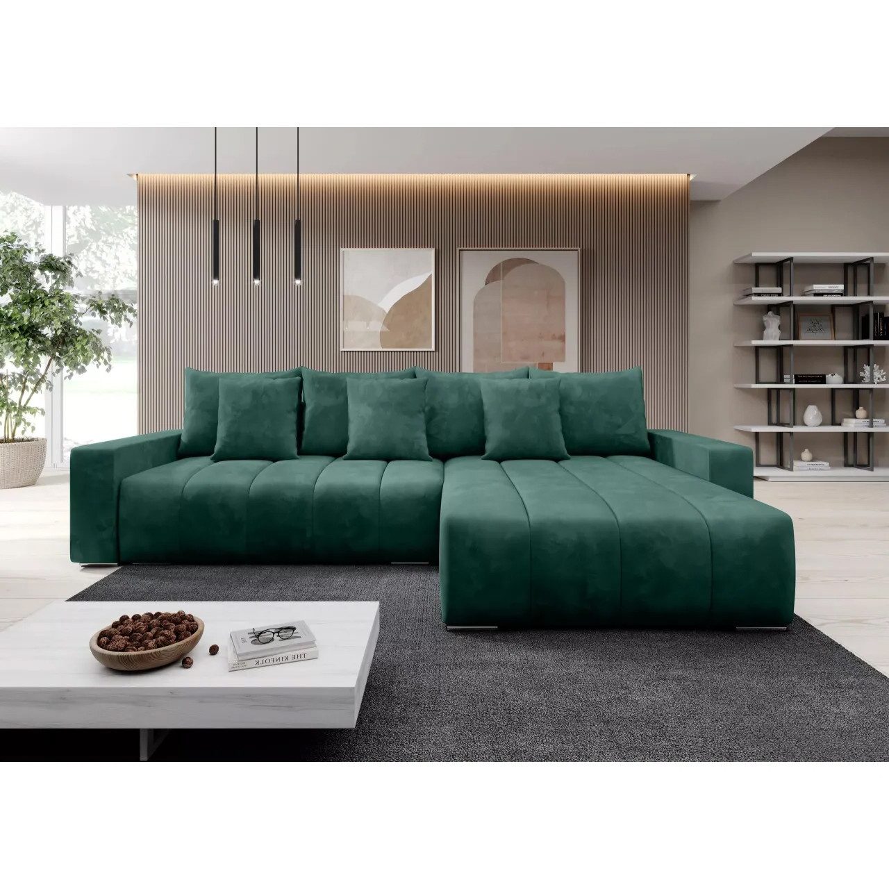 Muffo Ecksofa PIANO, elegante vertikale Nähte, Bettzeugablage, Schlaffunktion 234x137, Lose Rückenkissen