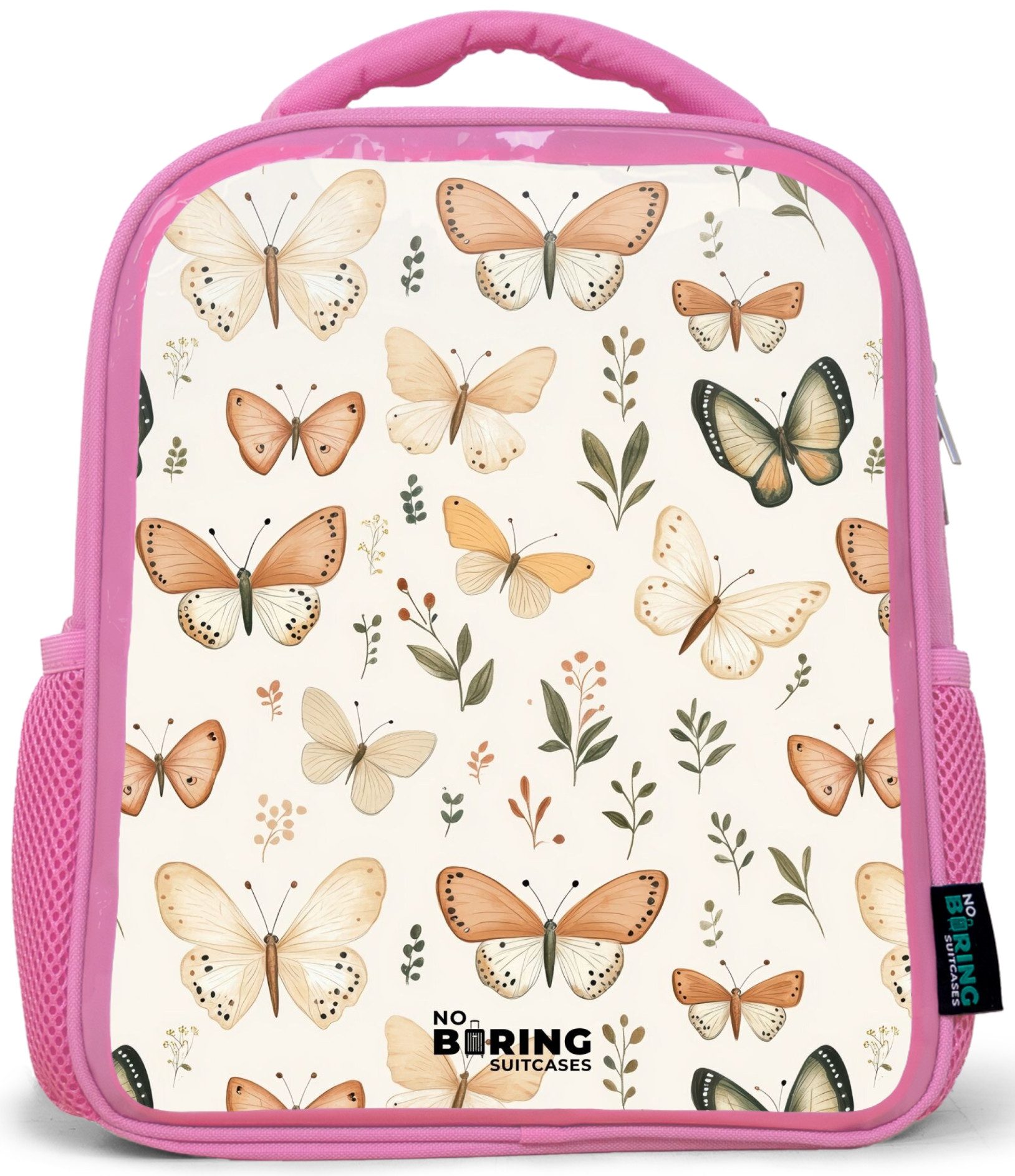 Rucksack Rosa - Schmetterlinge in Beige- und Orangetönen zwischen grünen Blätte