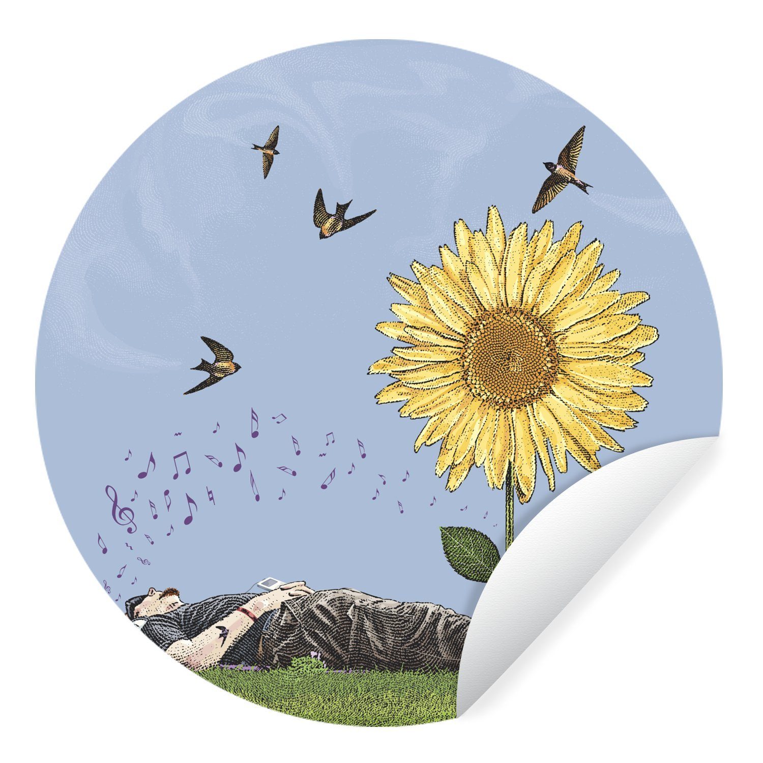 MuchoWow Wandsticker Sonnenblume - Illustration - Vögel (1 St), Tapetenkreis für Kinderzimmer, Tapetenaufkleber, Rund, Wohnzimmer