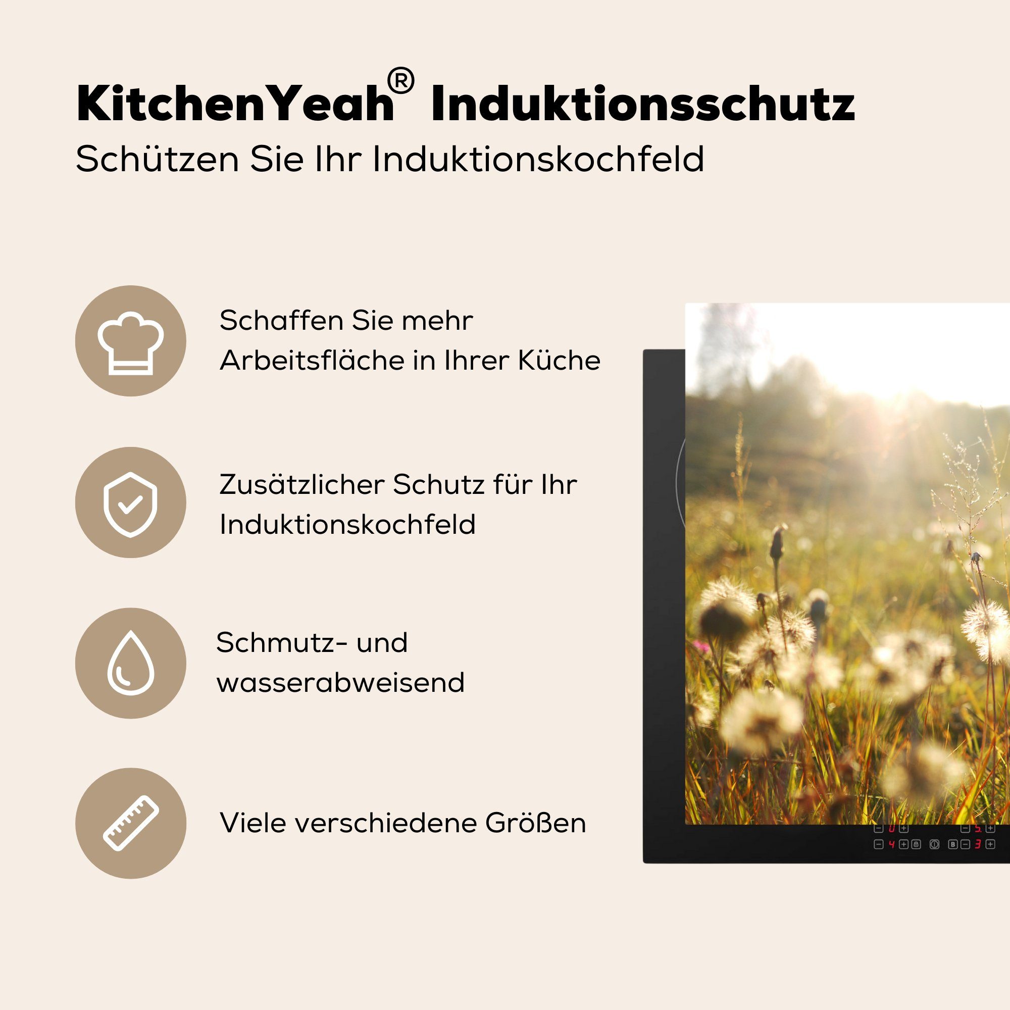 (1 die für Vinyl, Induktionskochfeld 81x52 - Licht küche, Schutz MuchoWow - Blumen, Gras Herdblende-/Abdeckplatte cm, Ceranfeldabdeckung tlg),