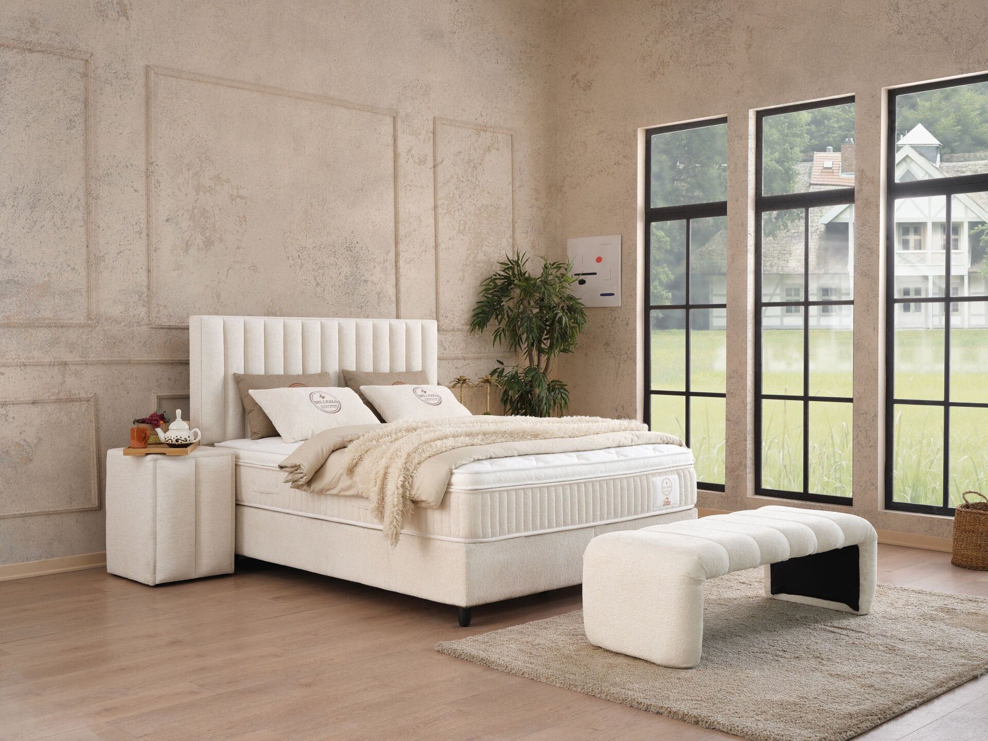 gowoll Boxspringbett 180 x 200 Beige mit Matratze und gepolstertem Kopfteil Luxus bett (Kostenlose Lieferung, gepolstertes Kopfteil + Taschefederkern Matratze + 2 Bettkästen), Doppelbett gepolstertes Kopfteil Bett mit Bettkasten