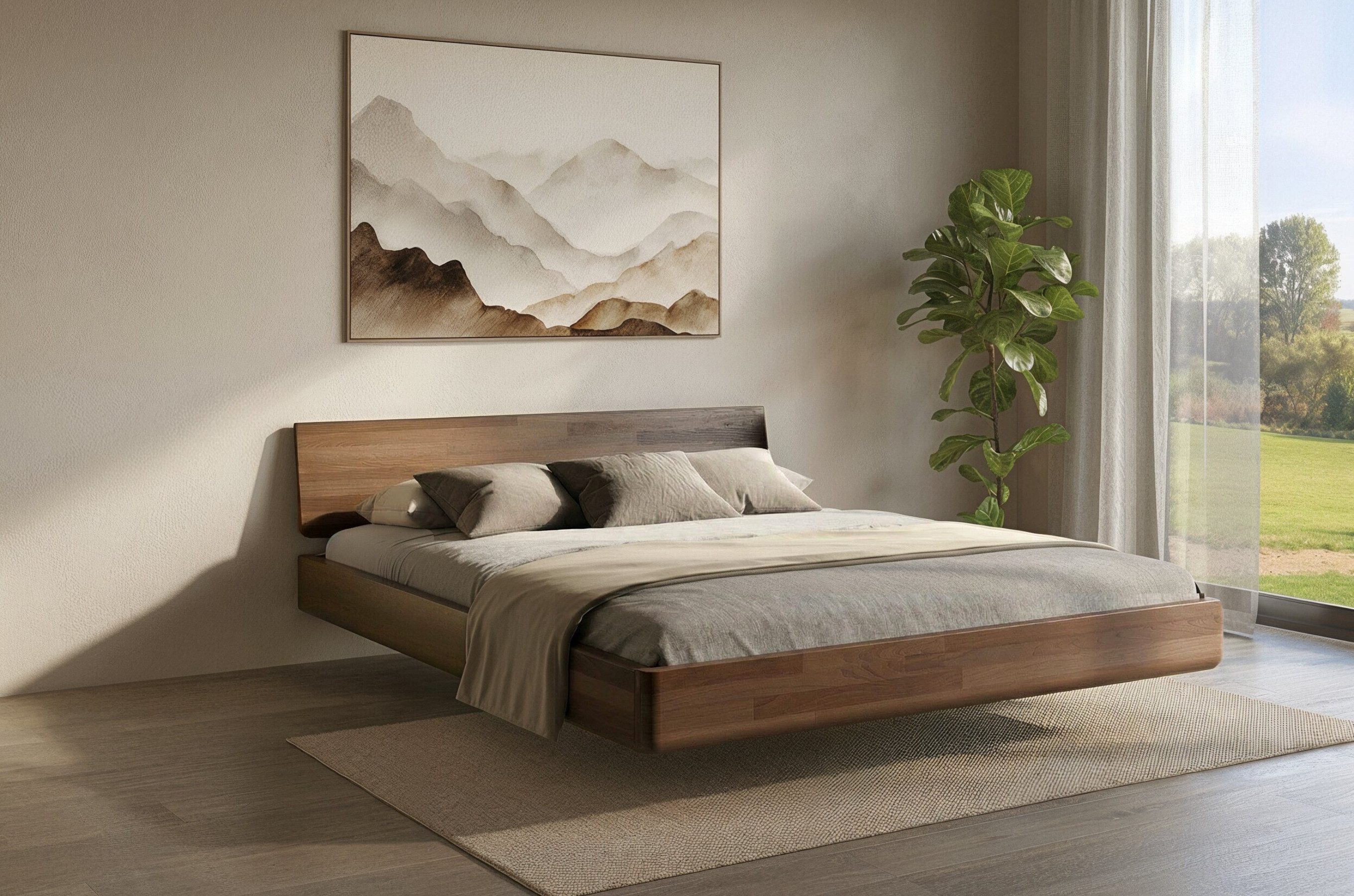 Visby Holzbett Lena (2-tlg., Buchenbett mit schwebender effekt), 120/200, Buche - lackiert, Nussbaumfarbe