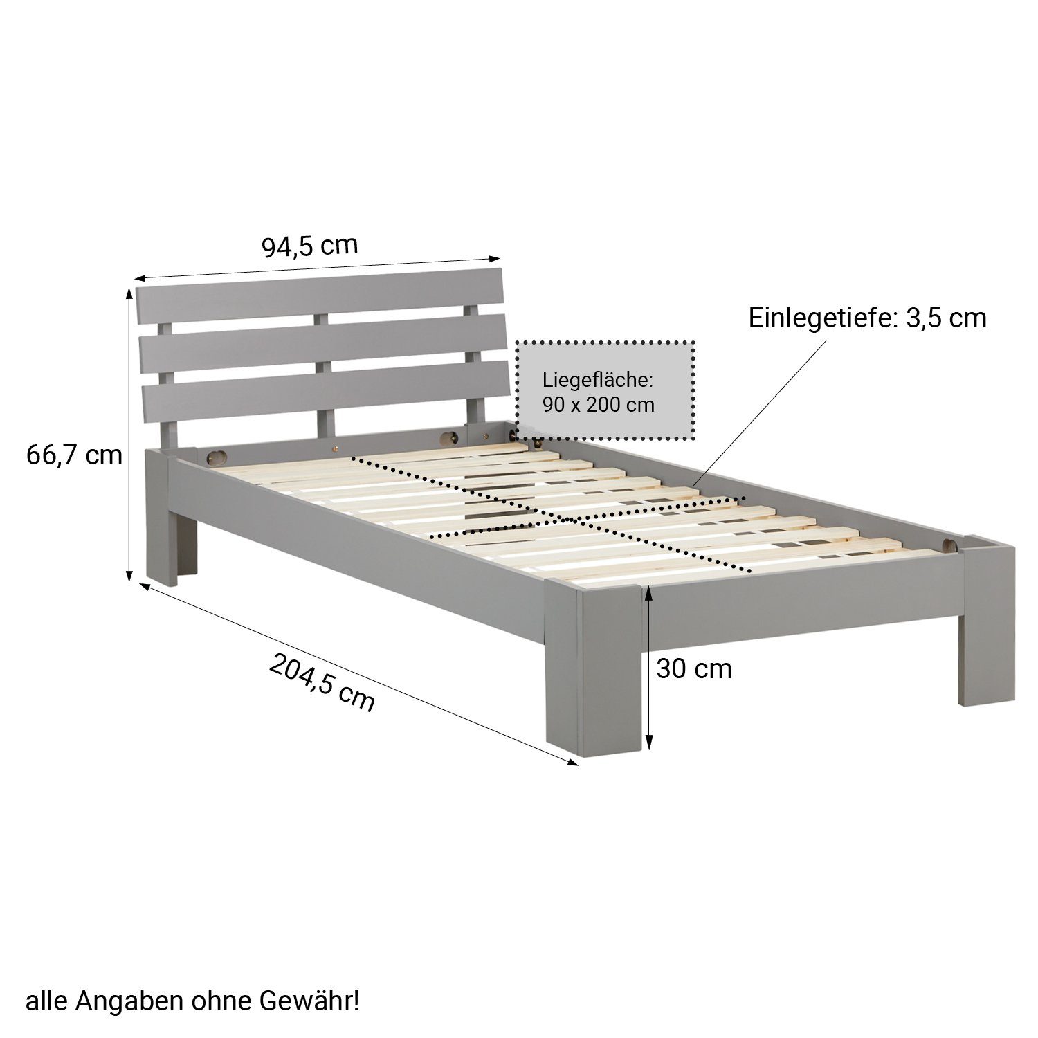 Homestyle4u Massivholzbett 90x200 120x200 140x200 160x200 180x200 Doppelbett Kopfteil Lattenrost (Set, mit Lattenrost, Grau), 90x200, modern, stabil