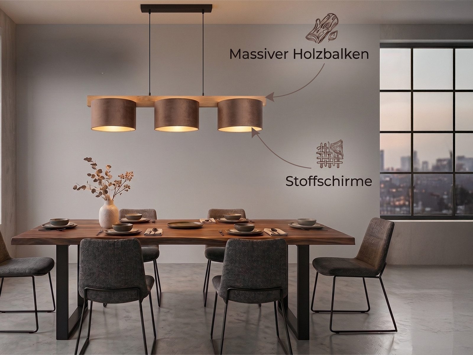 meineWunschleuchte Pendelleuchte mit Holz-Balken & Stoff, Breite 100cm, ohne Leuchtmittel, Esstisch-Lampe hängend, Holzlampe mehrflammig, Esszimmerlampe groß – Bild 5 von 5