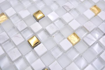 Mosani Mosaikfliesen Glasmosaik Naturstein Mosaik weiß mit gold glänzend / 10 Mosaikmatten