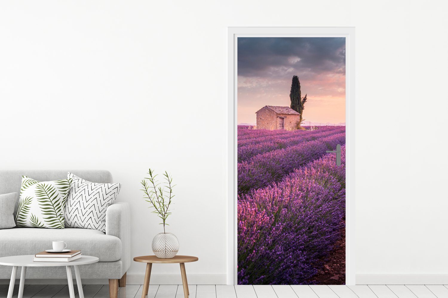 St), 75x205 Matt, für cm Lila - - Lavendel - (1 Blumen Feld, Türaufkleber, bedruckt, Tür, Fototapete MuchoWow Türtapete