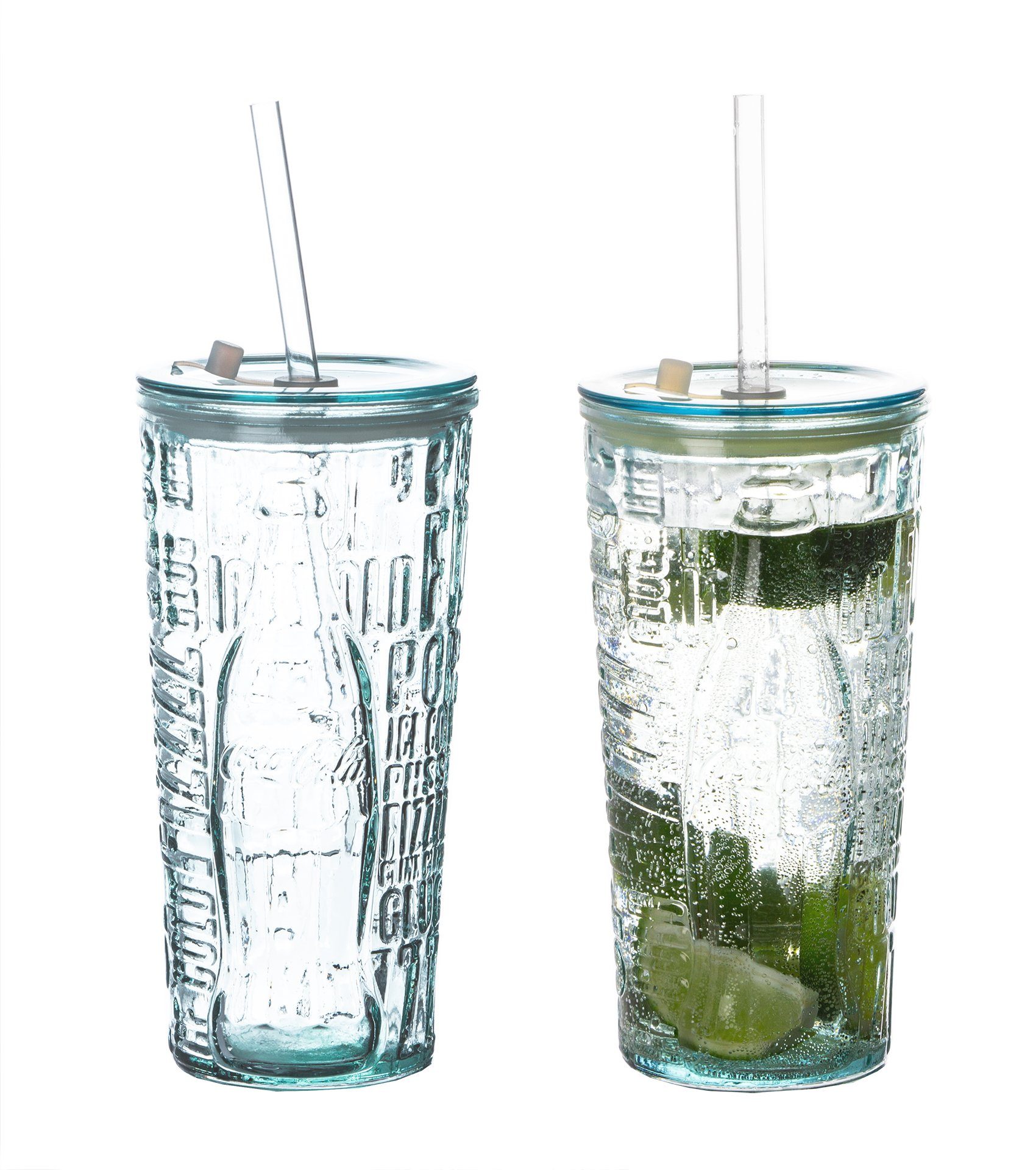 BigDean Longdrinkglas 2x Coca-Cola Gläser 0,5 l mit Strohhalm Schriftzug To Go Becher, 2-tlg., Glas