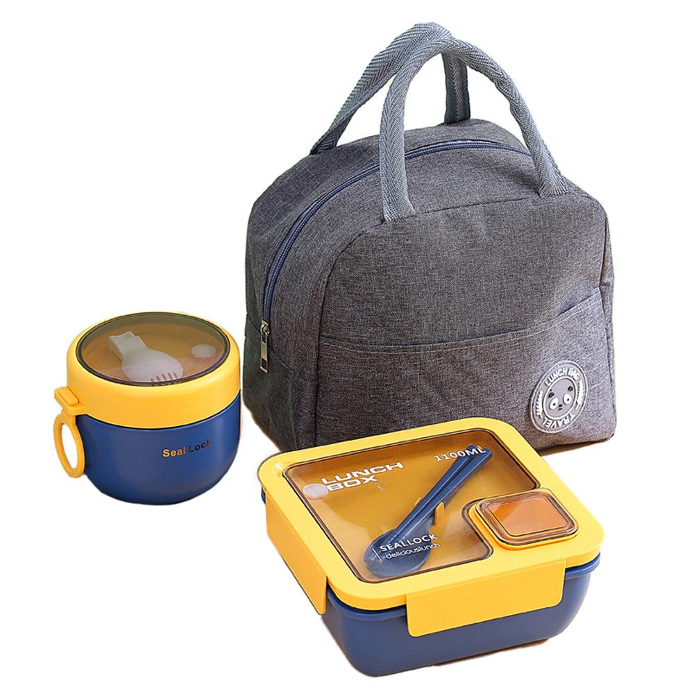 Auledio Lunchbox 1100ml Bento-Box 1100ml Komplettset, Spülmaschinenfest + Isoliertasche, Kunststoff, (Isolierbeutel, Besteck, Suppentasse, Lunchbox mit Fächern), 1100 ml, auslaufsicher, BPA‑frei, kompakt & vielseitig.